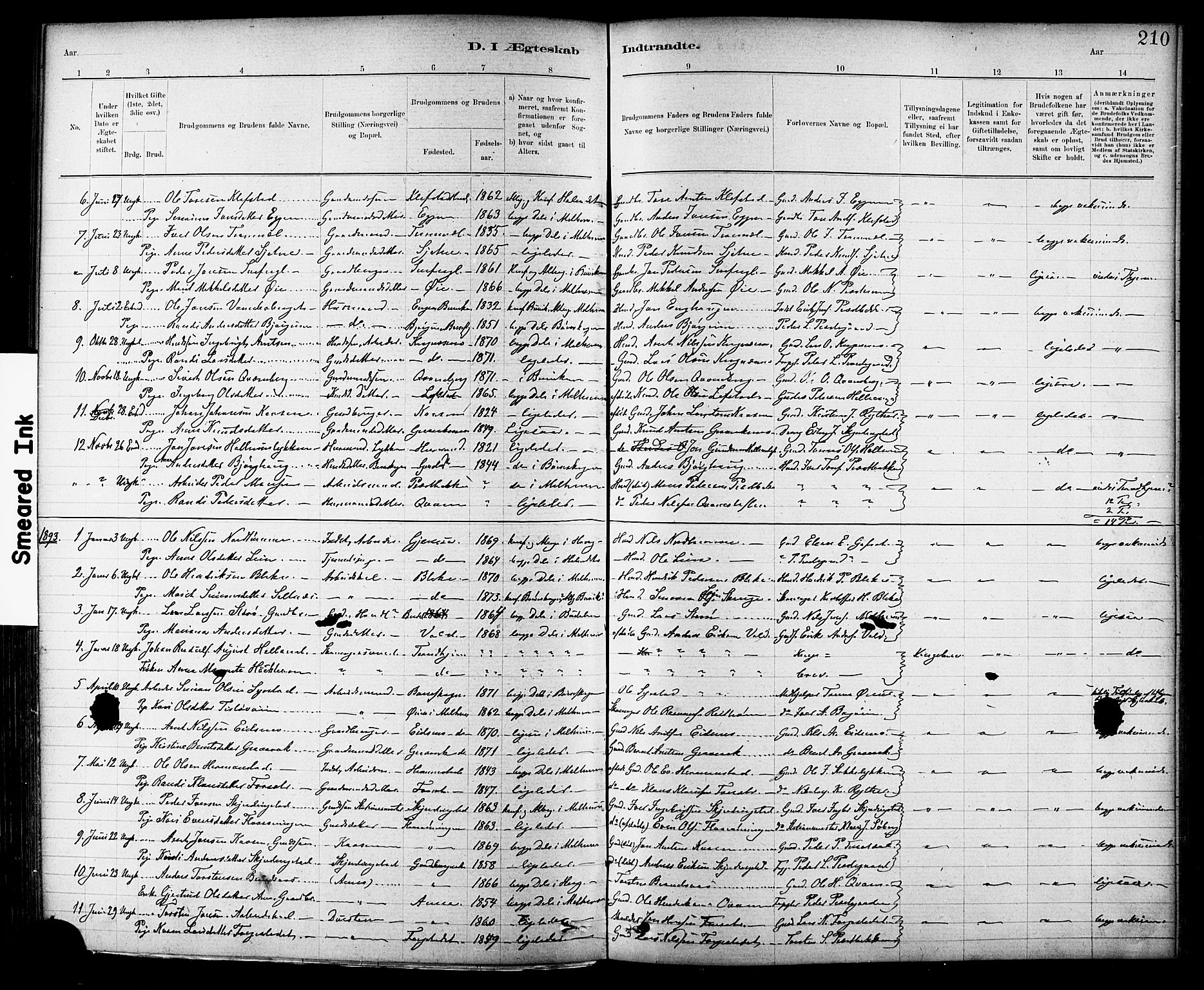 Ministerialprotokoller, klokkerbøker og fødselsregistre - Sør-Trøndelag, SAT/A-1456/691/L1094: Parish register (copy) no. 691C05, 1879-1911, p. 210