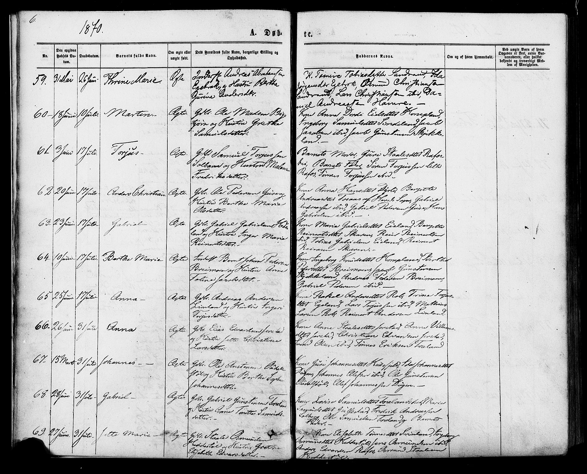 Kvinesdal sokneprestkontor, AV/SAK-1111-0026/F/Fa/Fab/L0007: Parish register (official) no. A 7, 1870-1885, p. 6