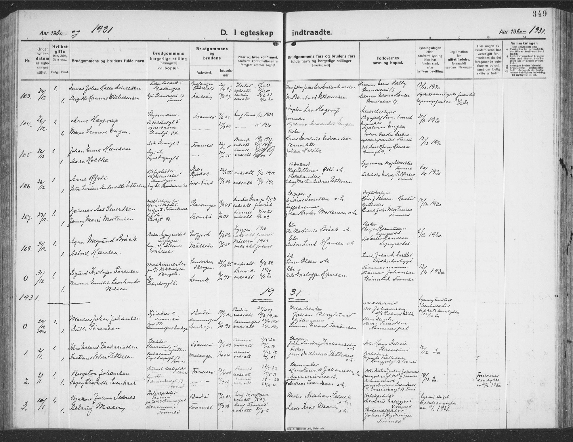 Tromsø sokneprestkontor/stiftsprosti/domprosti, AV/SATØ-S-1343/G/Gb/L0010klokker: Parish register (copy) no. 10, 1925-1937, p. 349