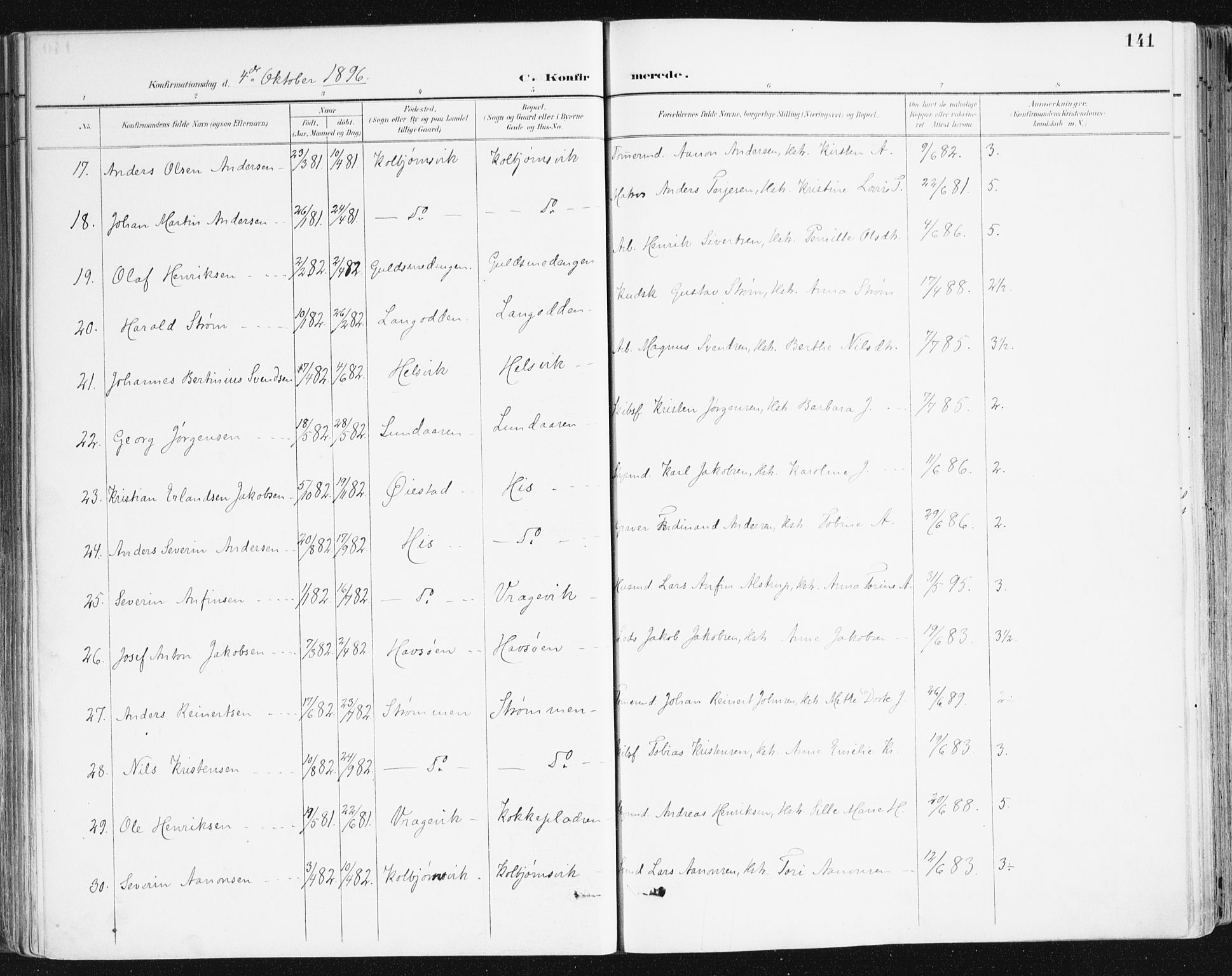 Hisøy sokneprestkontor, AV/SAK-1111-0020/F/Fa/L0004: Parish register (official) no. A 4, 1895-1917, p. 141