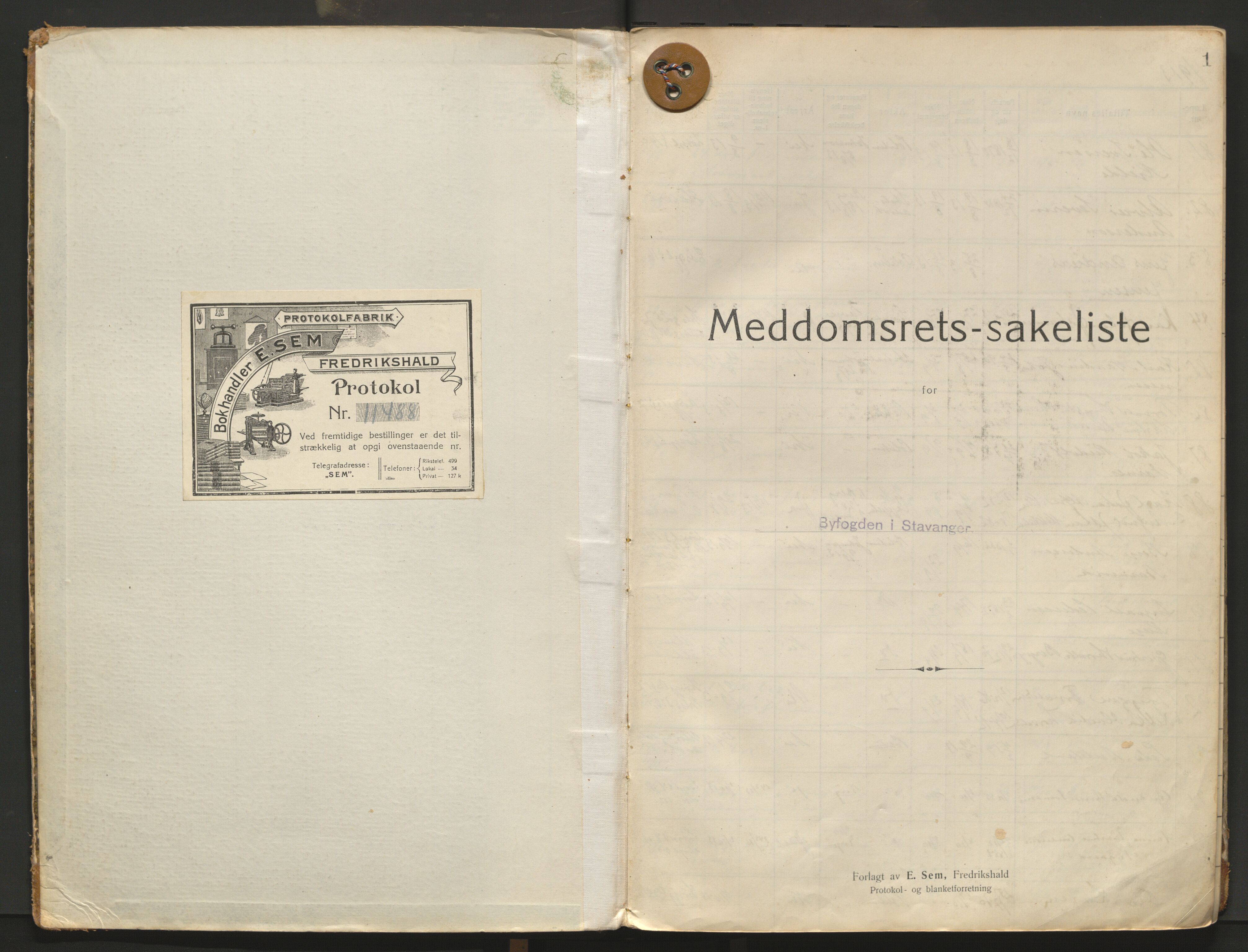 Stavanger byfogd, AV/SAST-A-101408/001/3/31/312/312A/L0004: Saksliste for meddomsretten, 1913-1917, p. 1