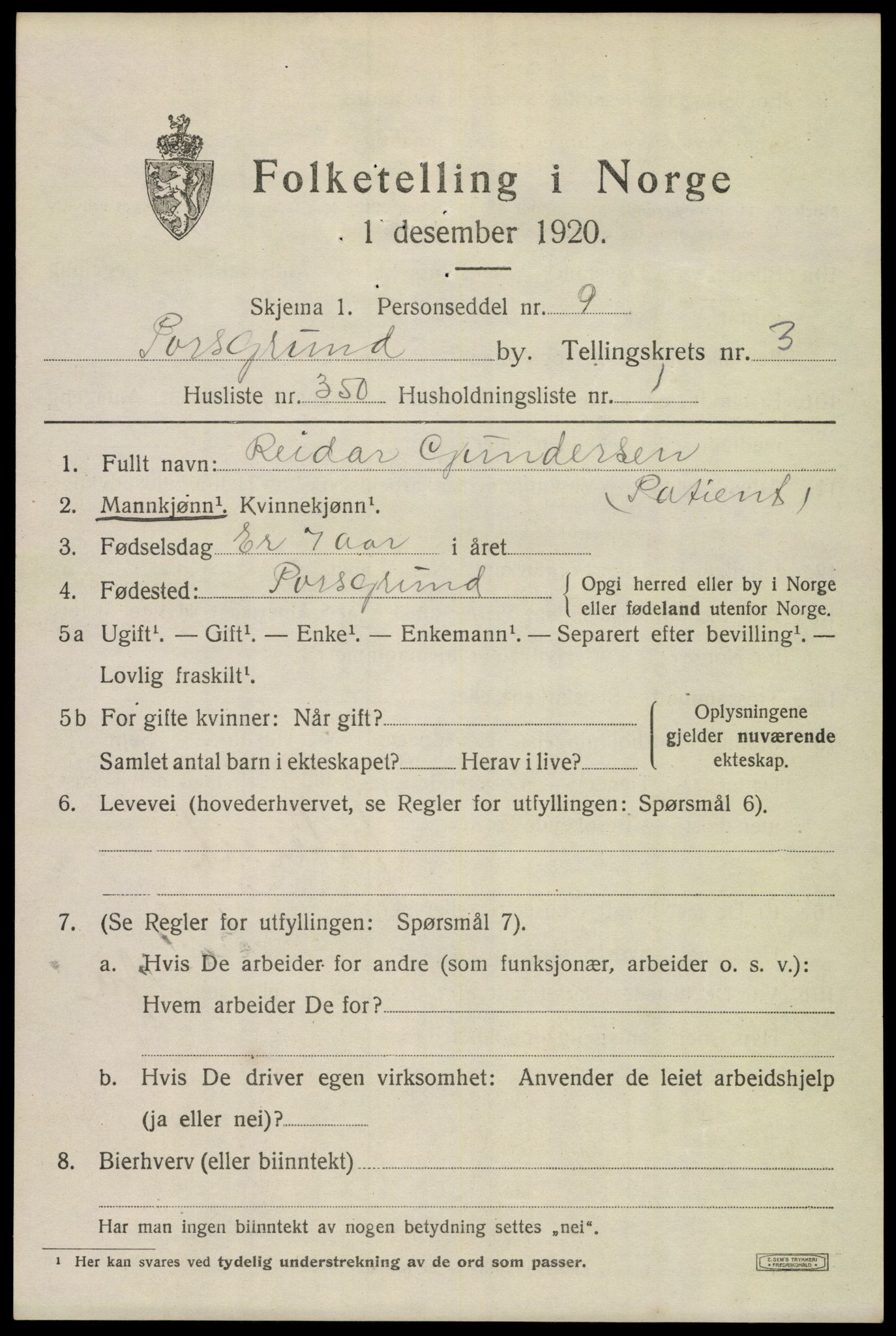 SAKO, 1920 census for Porsgrunn, 1920, p. 18885