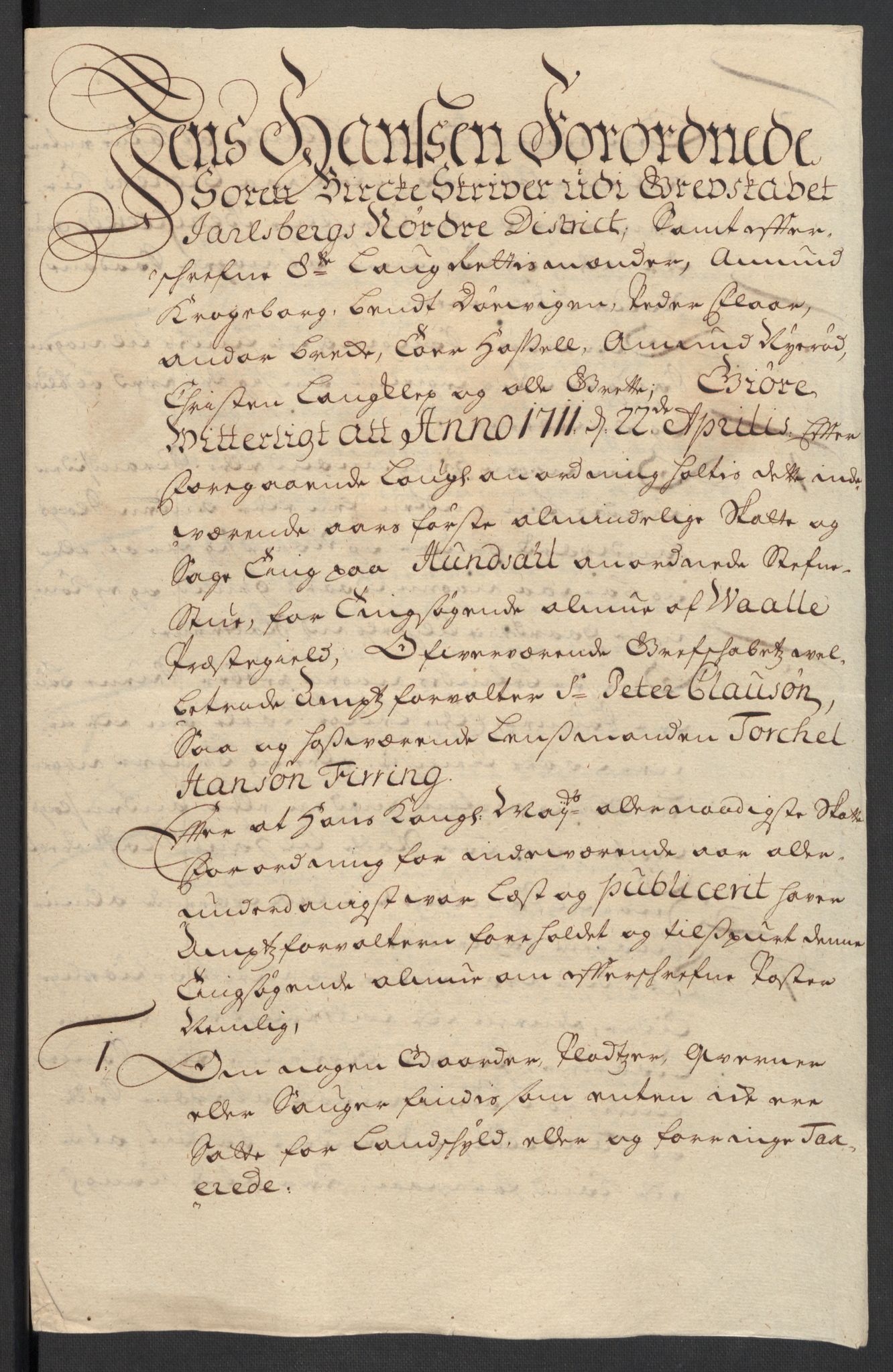 Rentekammeret inntil 1814, Reviderte regnskaper, Fogderegnskap, RA/EA-4092/R32/L1876: Fogderegnskap Jarlsberg grevskap, 1711, p. 347