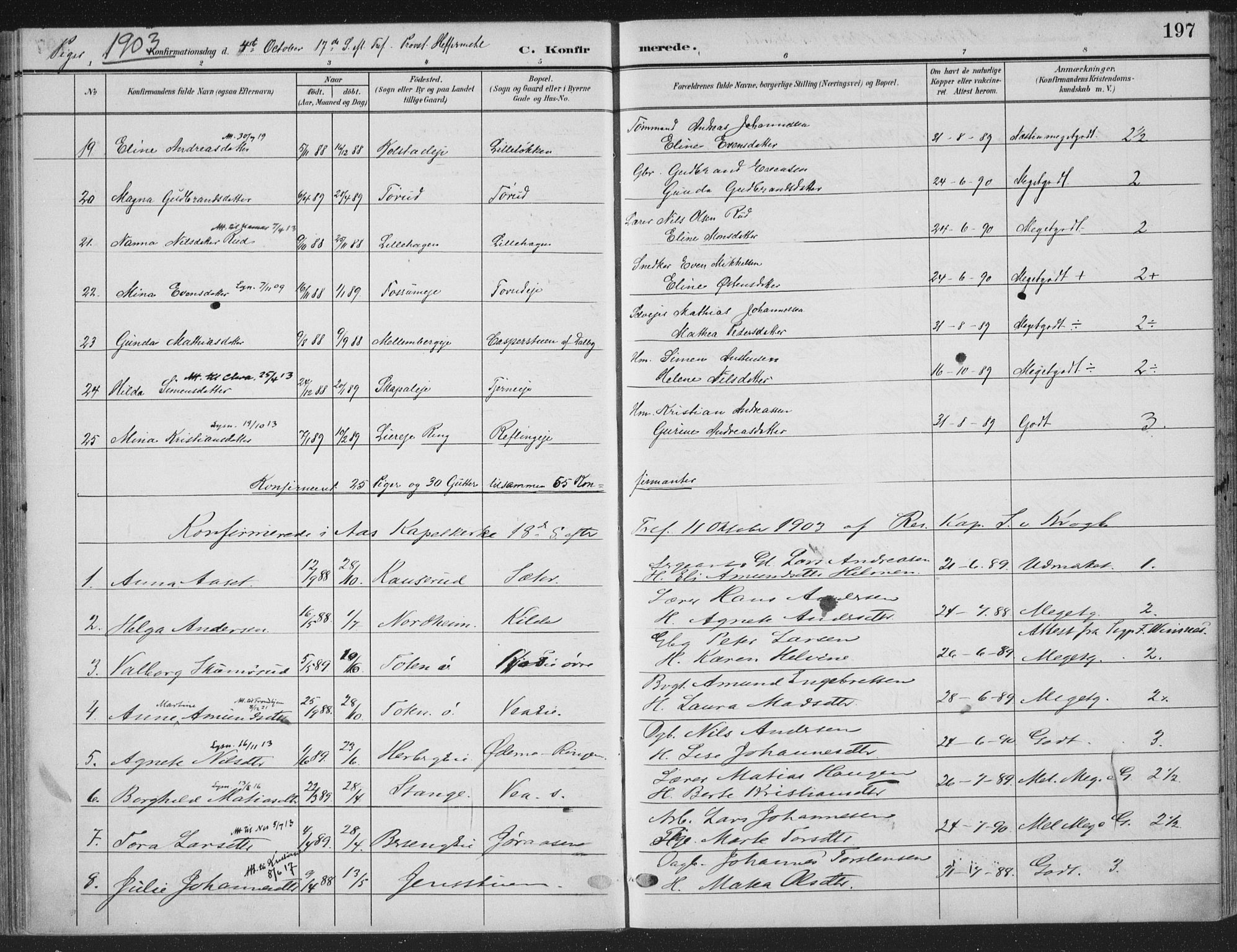 Ringsaker prestekontor, SAH/PREST-014/K/Ka/L0018: Parish register (official) no. 18, 1903-1912, p. 197