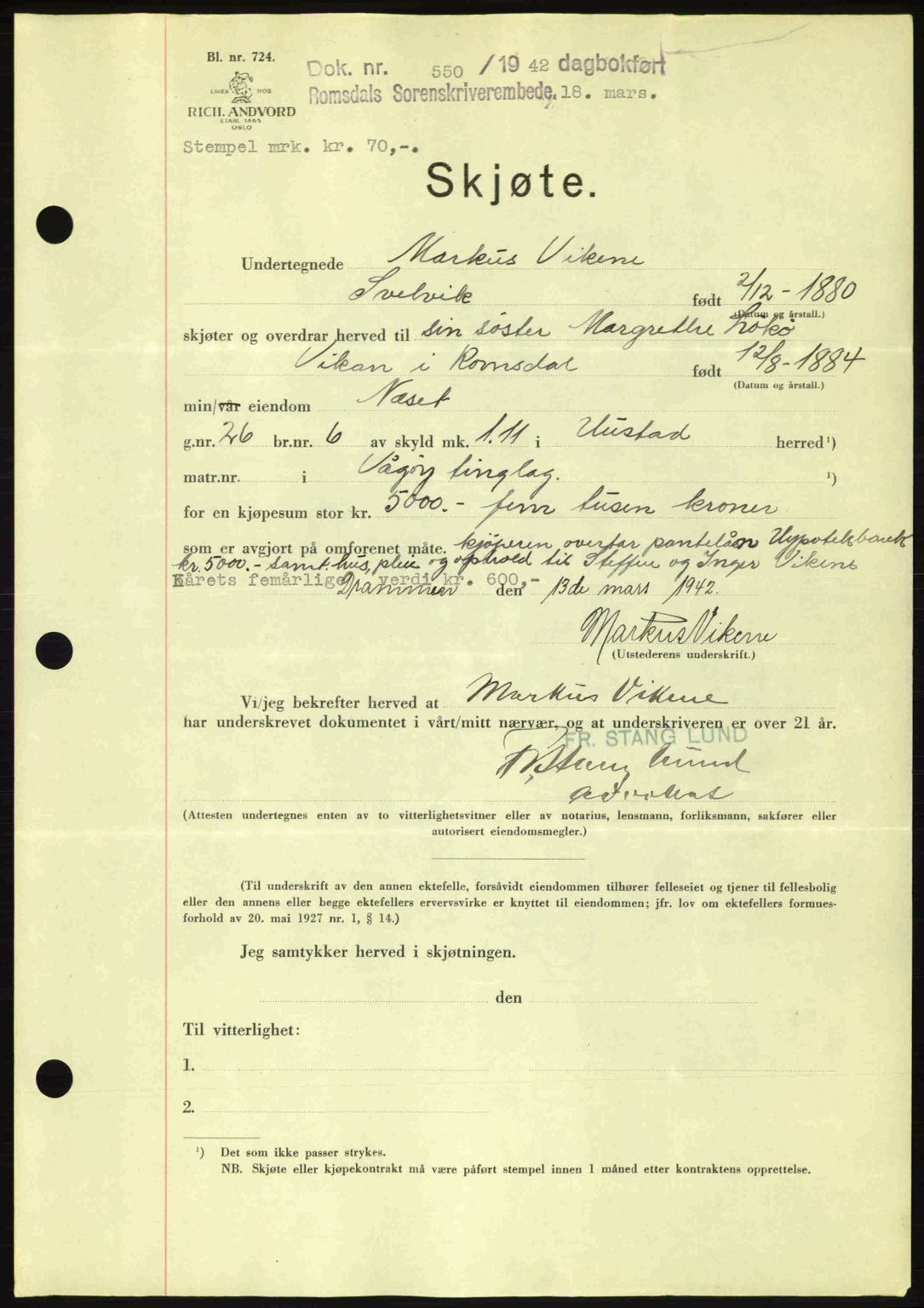 Romsdal sorenskriveri, AV/SAT-A-4149/1/2/2C: Mortgage book no. A12, 1942-1942, Diary no: : 550/1942