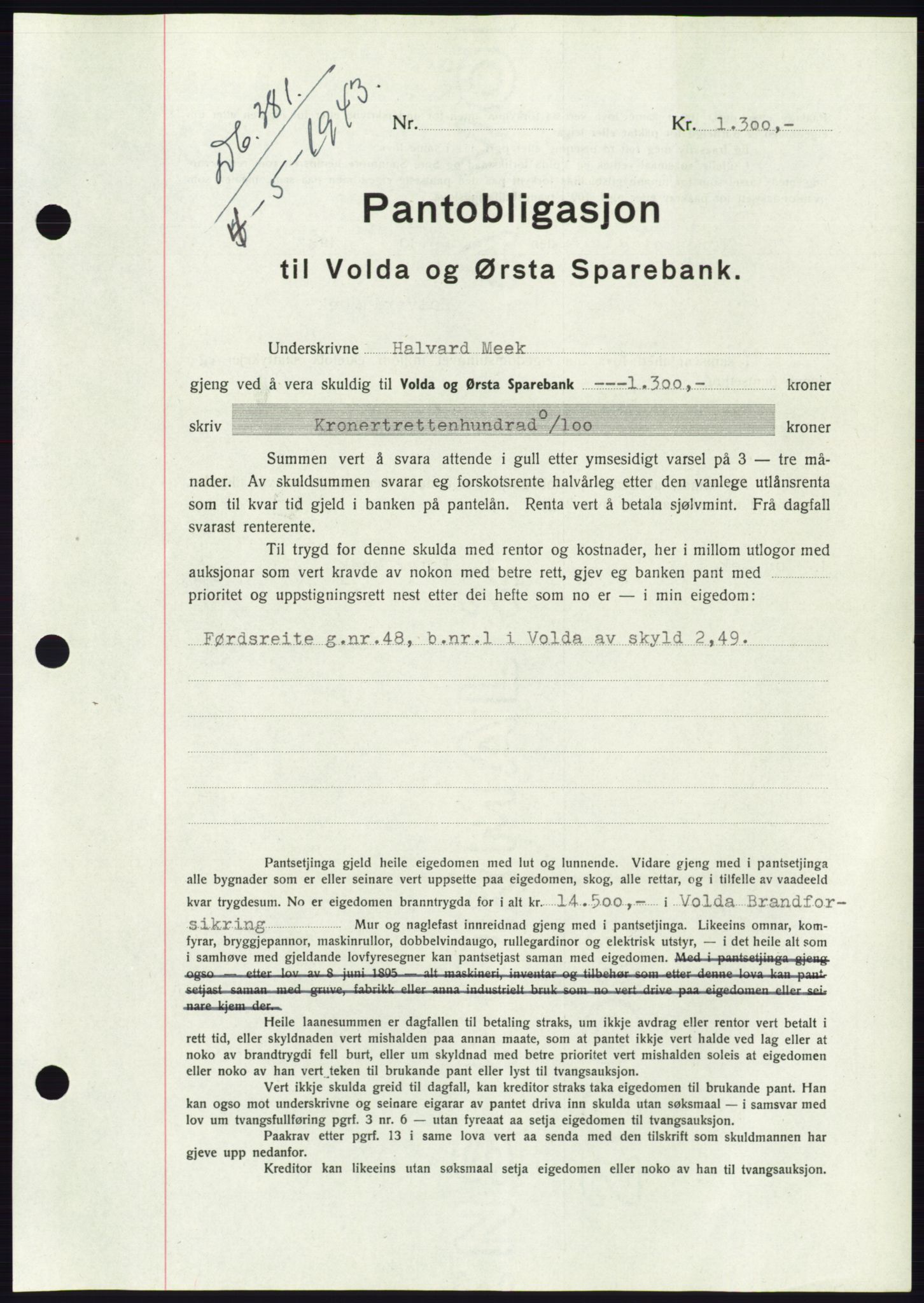 Søre Sunnmøre sorenskriveri, AV/SAT-A-4122/1/2/2C/L0114: Mortgage book no. 1-2B, 1943-1947, Diary no: : 381/1943