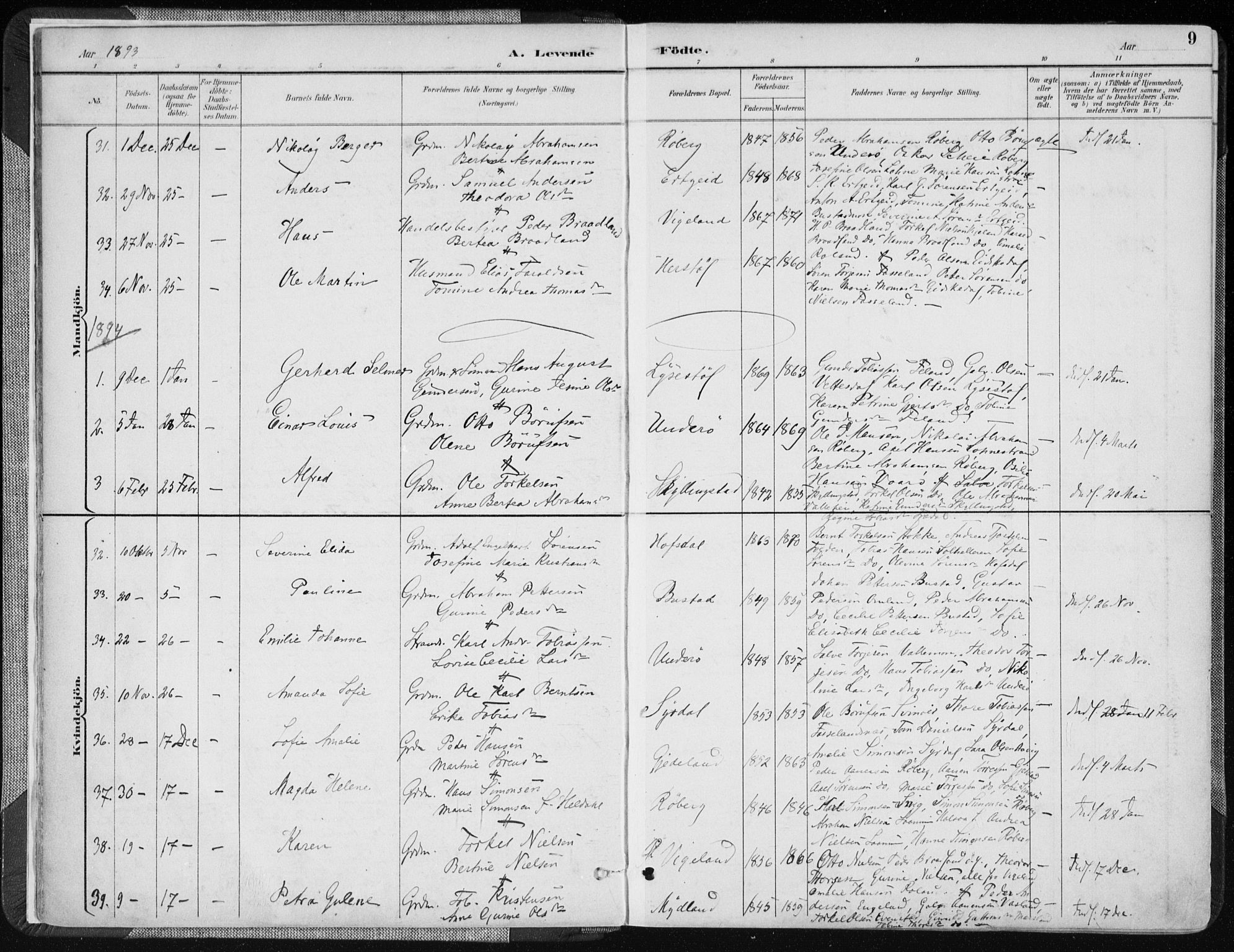 Sør-Audnedal sokneprestkontor, AV/SAK-1111-0039/F/Fa/Fab/L0010: Parish register (official) no. A 10, 1892-1913, p. 9