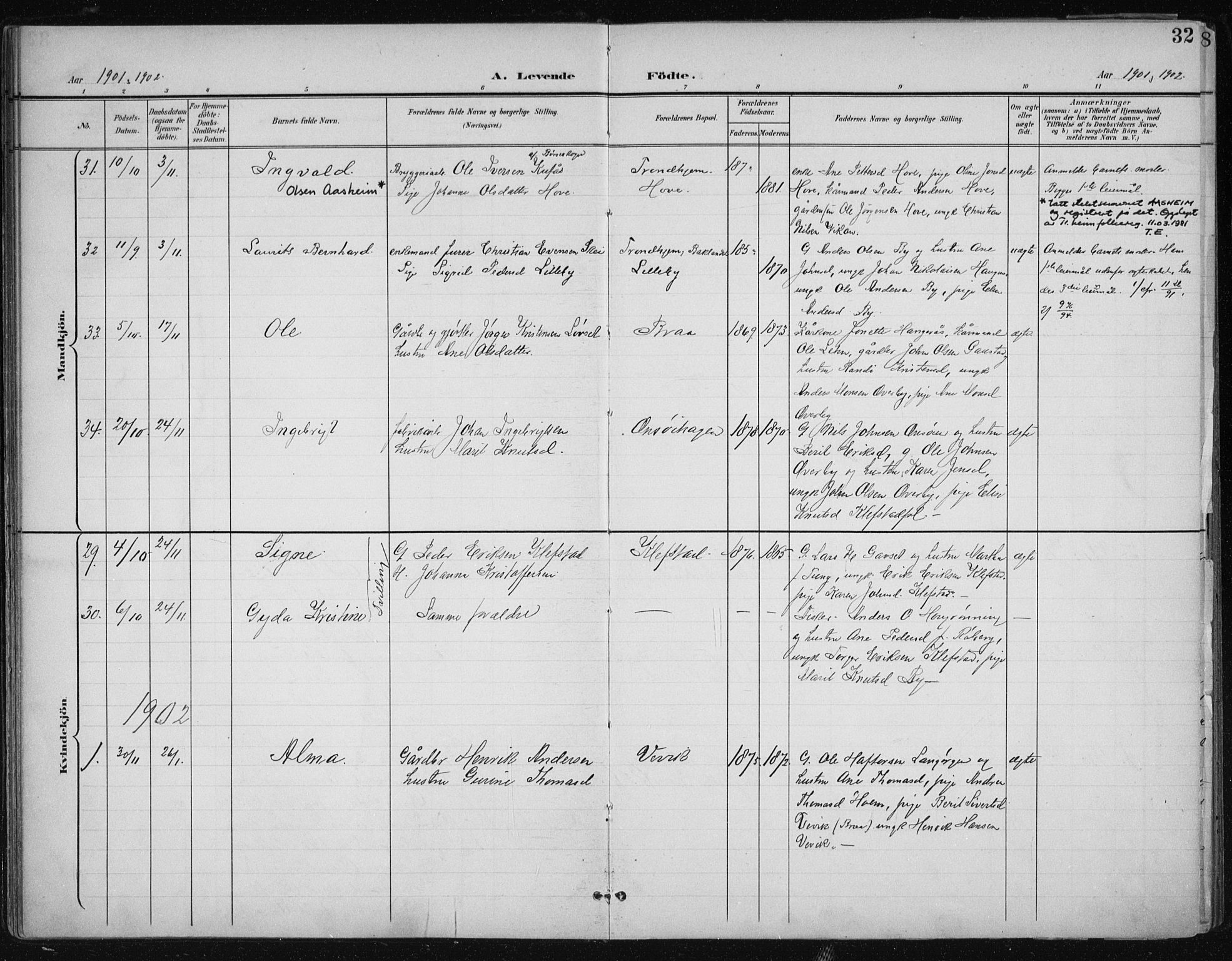 Ministerialprotokoller, klokkerbøker og fødselsregistre - Sør-Trøndelag, SAT/A-1456/612/L0380: Parish register (official) no. 612A12, 1898-1907, p. 32