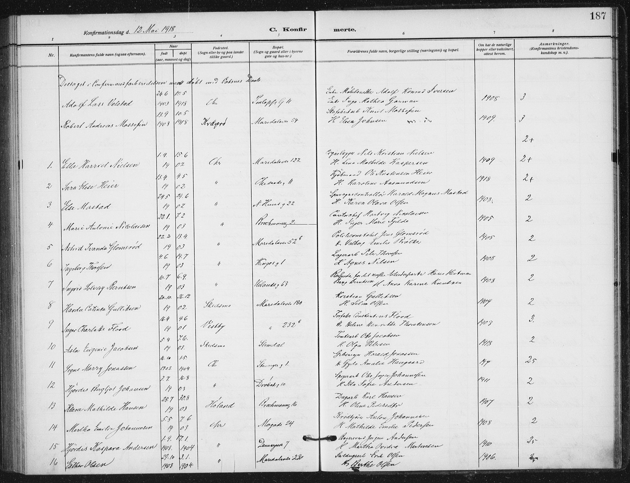 Sagene prestekontor Kirkebøker, AV/SAO-A-10796/F/L0008: Parish register (official) no. 8, 1910-1919, p. 187