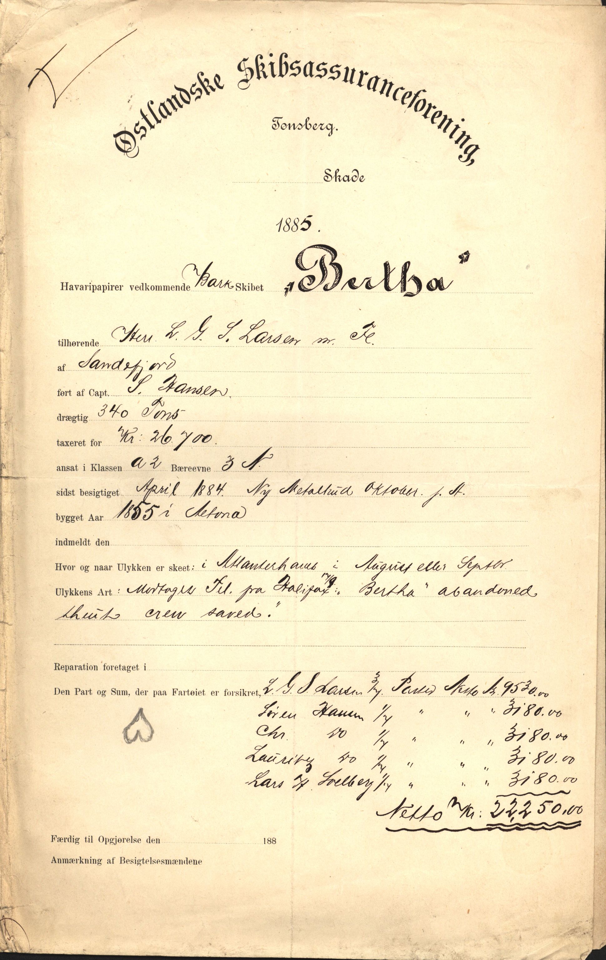 Pa 63 - Østlandske skibsassuranceforening, VEMU/A-1079/G/Ga/L0018/0011: Havaridokumenter / Bertha, Bonita, Immanuel, Th. Thoresen, India, 1885, p. 1