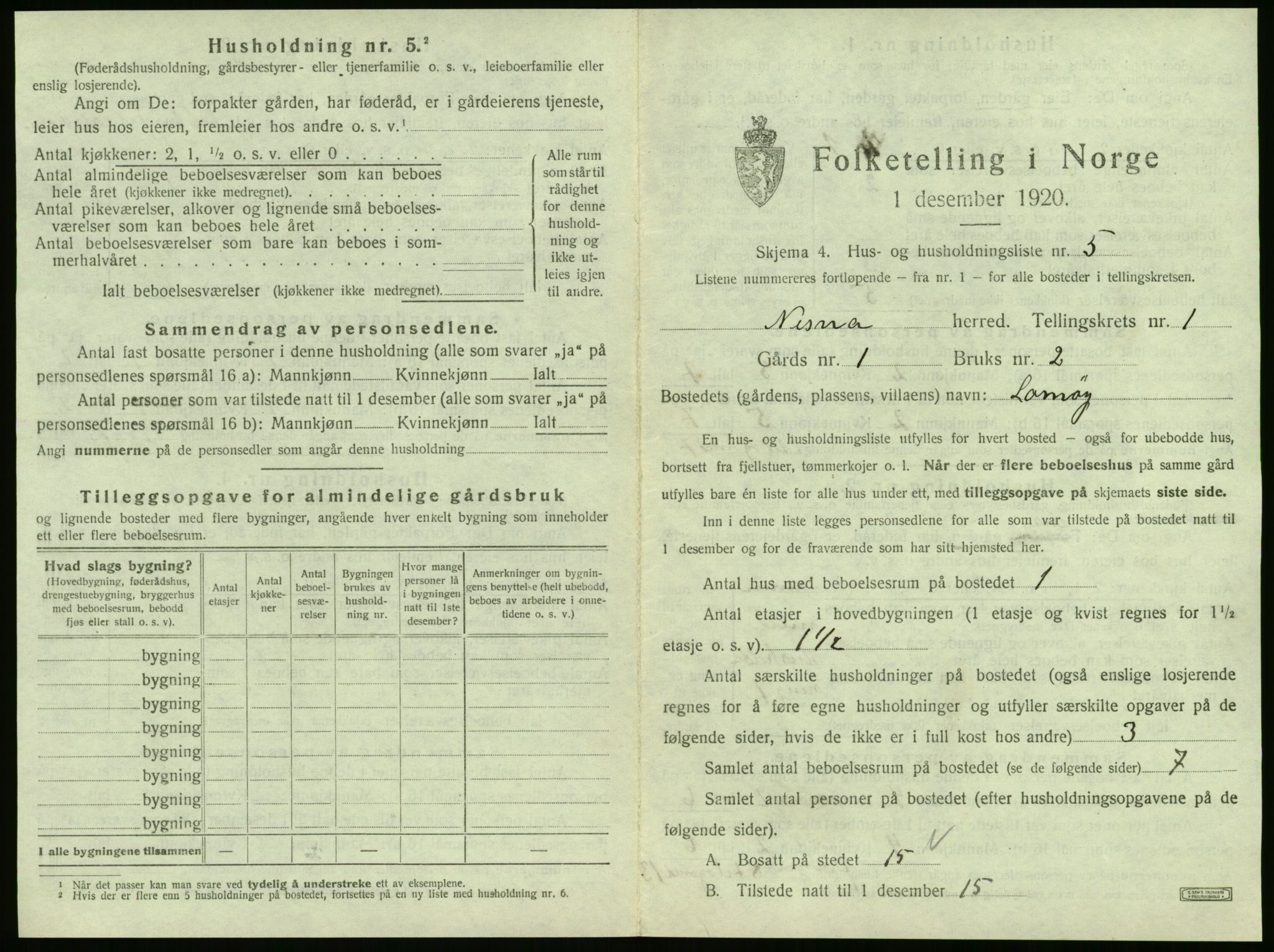 SAT, 1920 census for Nesna, 1920, p. 43