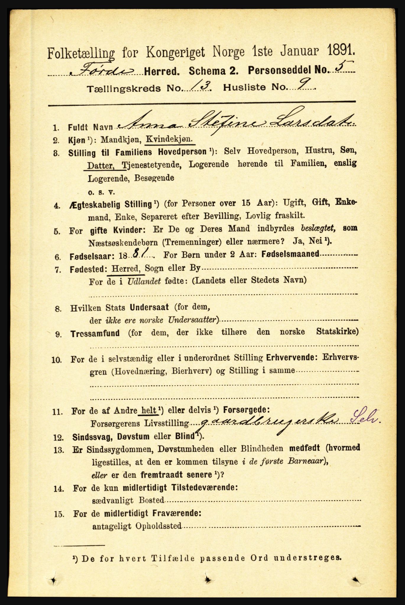 RA, 1891 census for 1432 Førde, 1891, p. 4630