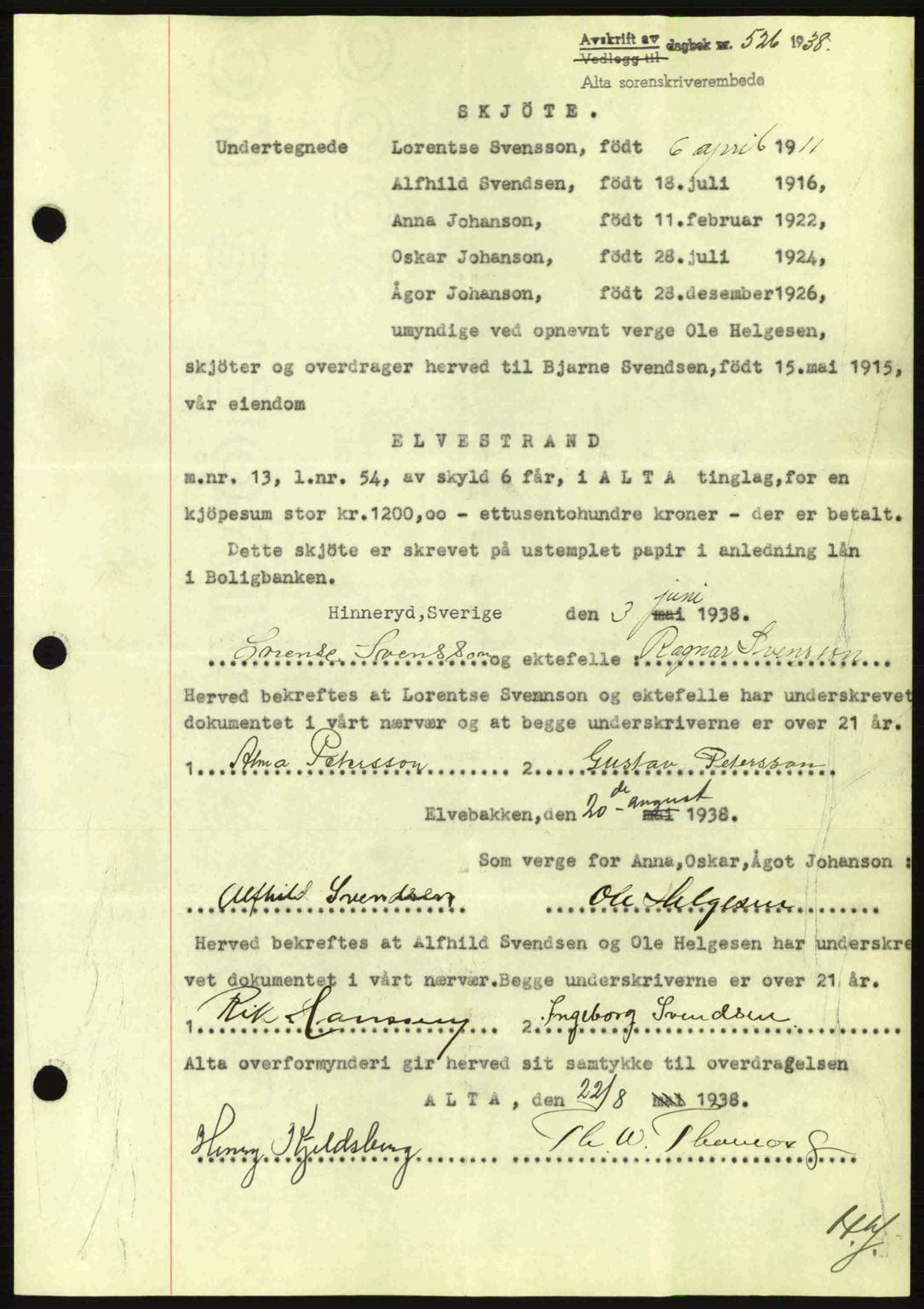 Alta fogderi/sorenskriveri, SATØ/SATØ-5/1/K/Kd/L0031pantebok: Mortgage book no. 31, 1938-1939, Diary no: : 526/1938