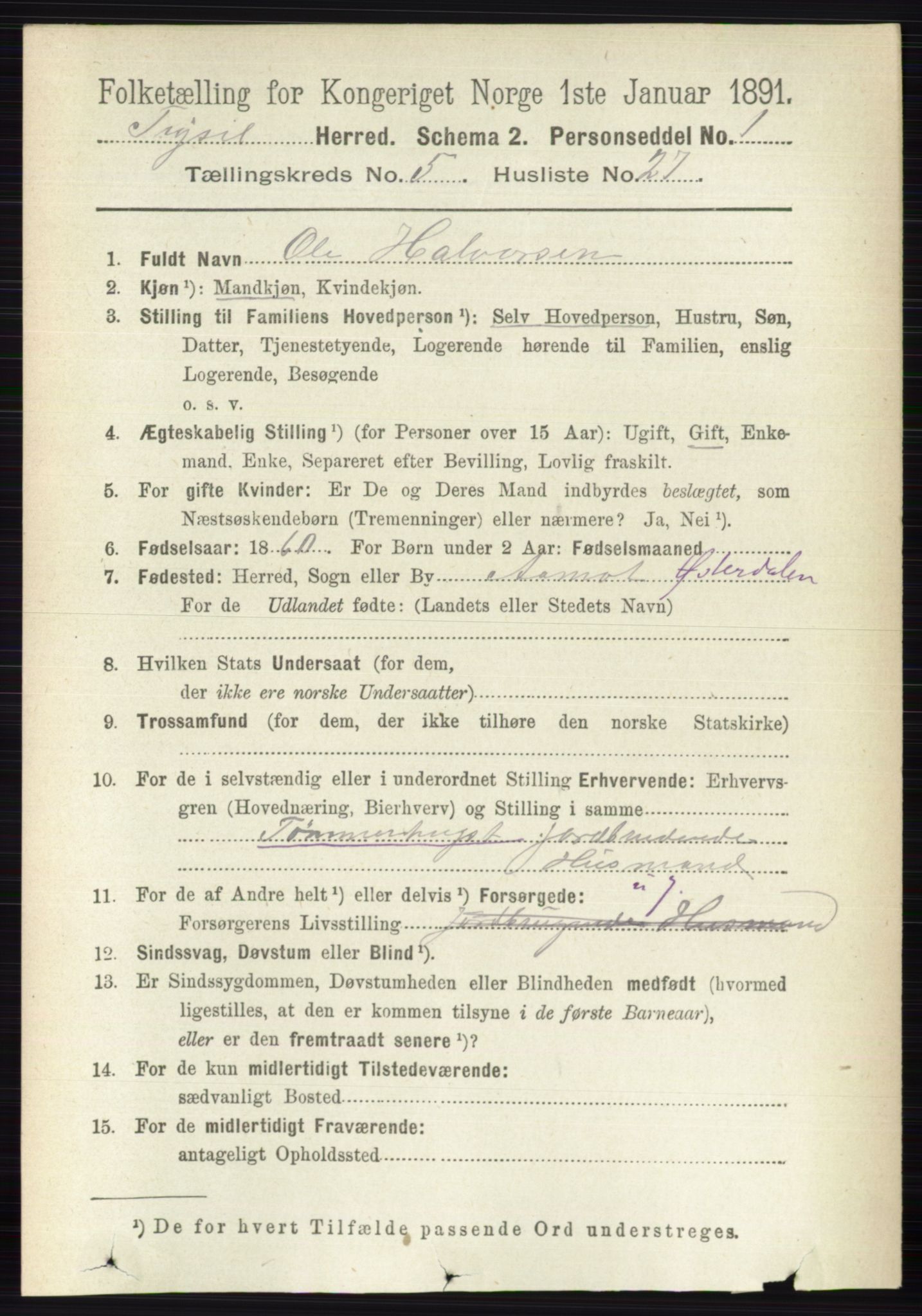 RA, 1891 census for 0428 Trysil, 1891, p. 2469