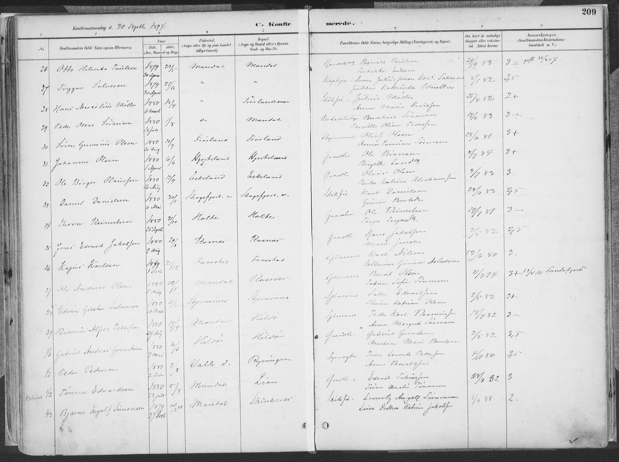 Mandal sokneprestkontor, SAK/1111-0030/F/Fa/Faa/L0018: Parish register (official) no. A 18, 1890-1905, p. 209
