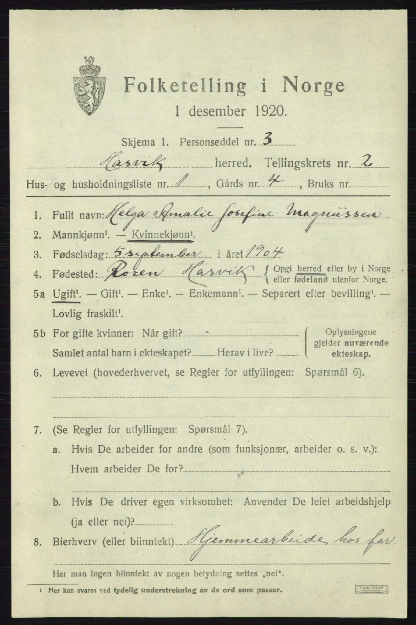 SATØ, 1920 census for Hasvik, 1920, p. 983