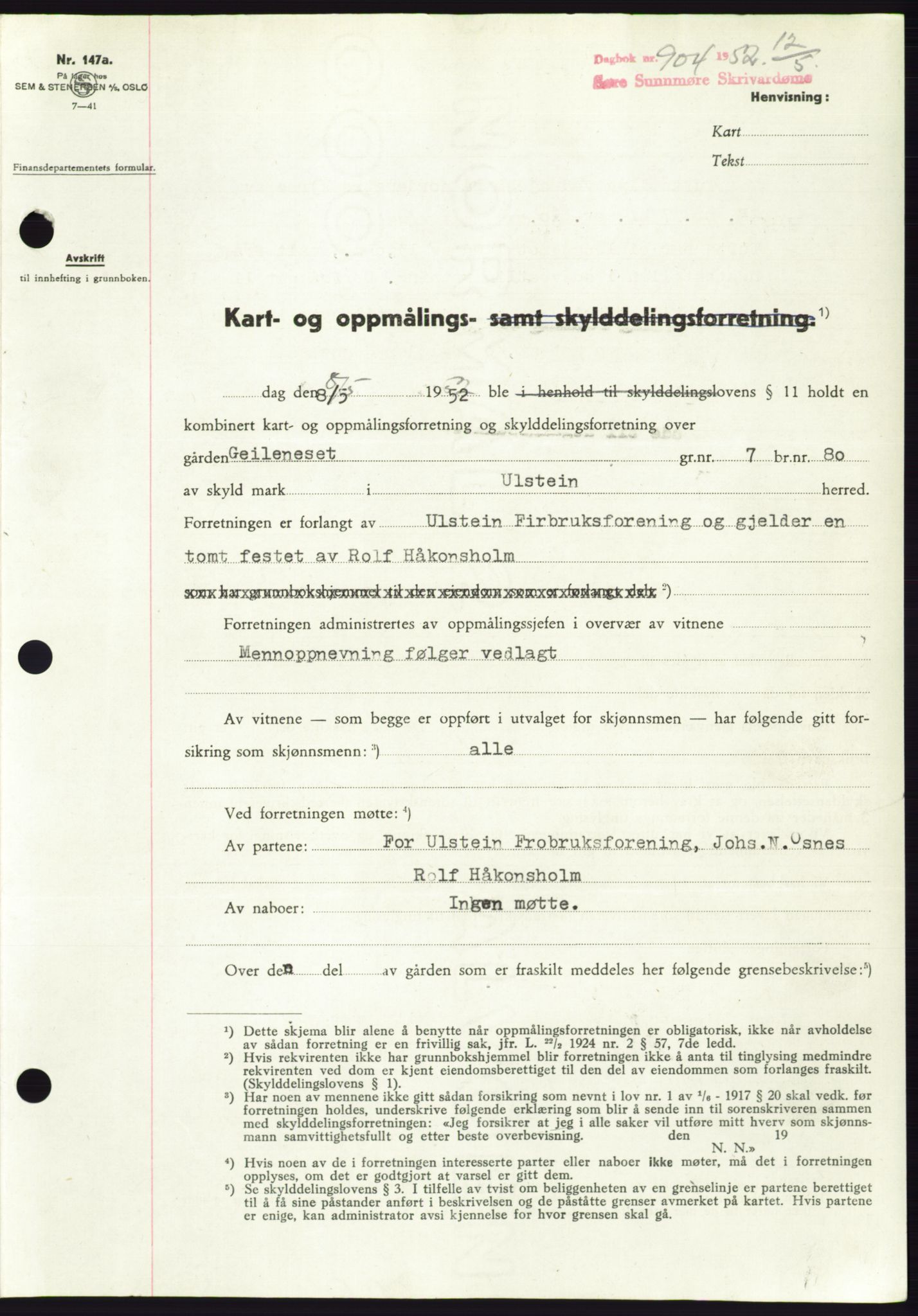 Søre Sunnmøre sorenskriveri, AV/SAT-A-4122/1/2/2C/L0092: Mortgage book no. 18A, 1952-1952, Diary no: : 904/1952
