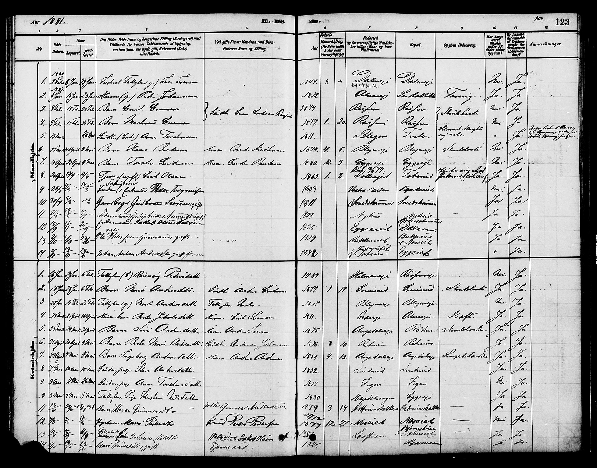Gran prestekontor, SAH/PREST-112/H/Ha/Haa/L0015: Parish register (official) no. 15, 1880-1888, p. 123