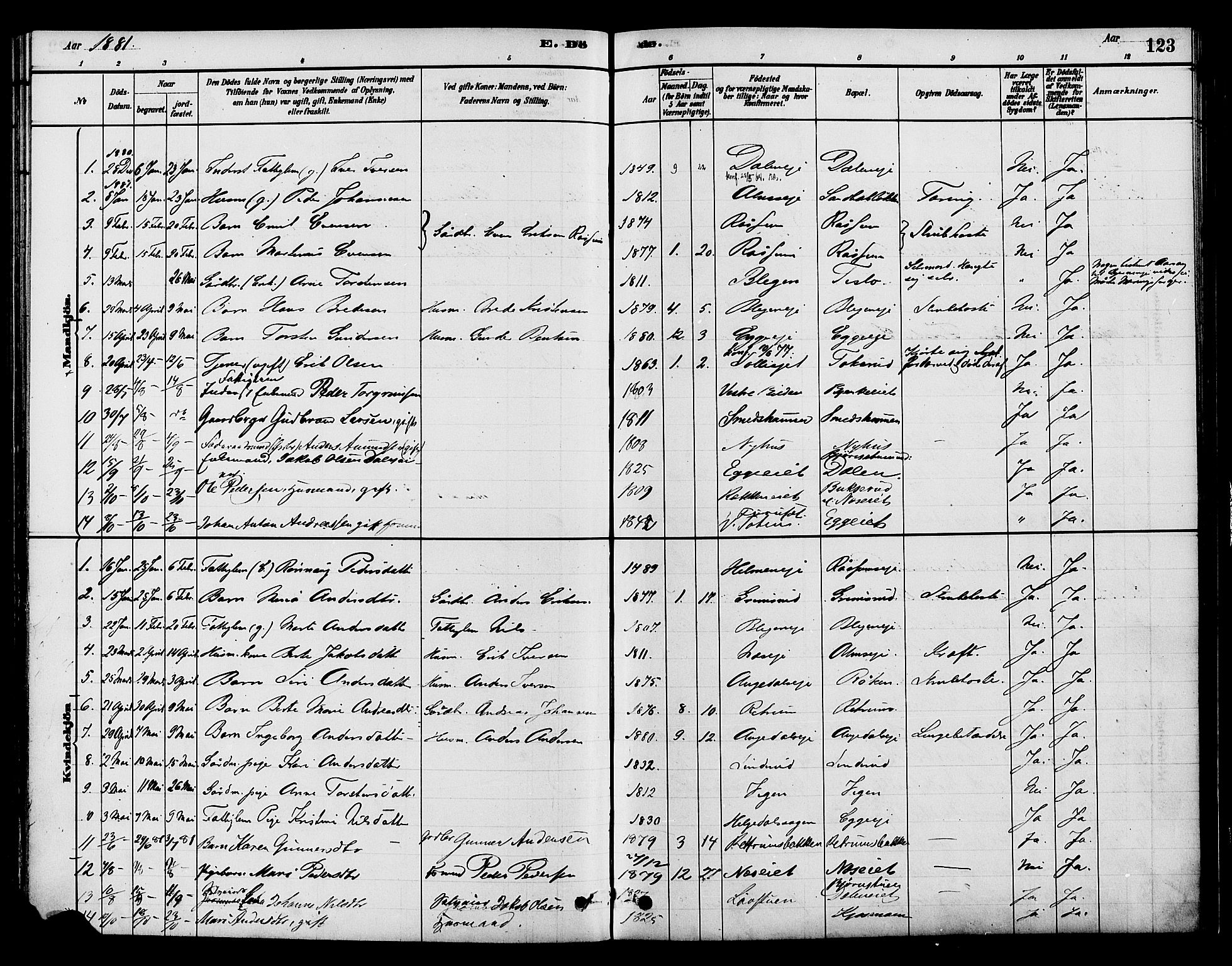 Gran prestekontor, AV/SAH-PREST-112/H/Ha/Haa/L0015: Parish register (official) no. 15, 1880-1888, p. 123