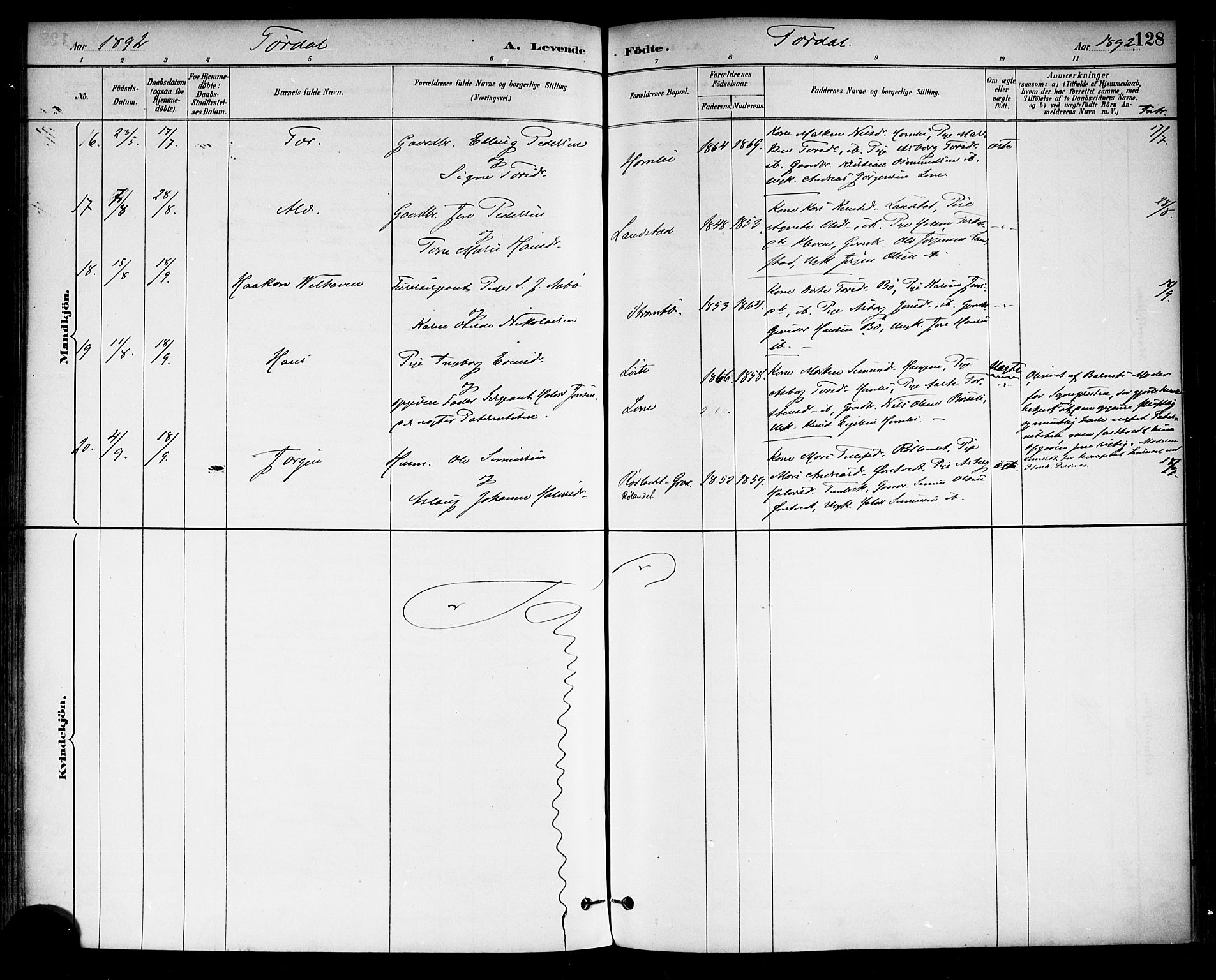 Drangedal kirkebøker, SAKO/A-258/F/Fa/L0010: Parish register (official) no. 10 /2, 1885-1894, p. 128