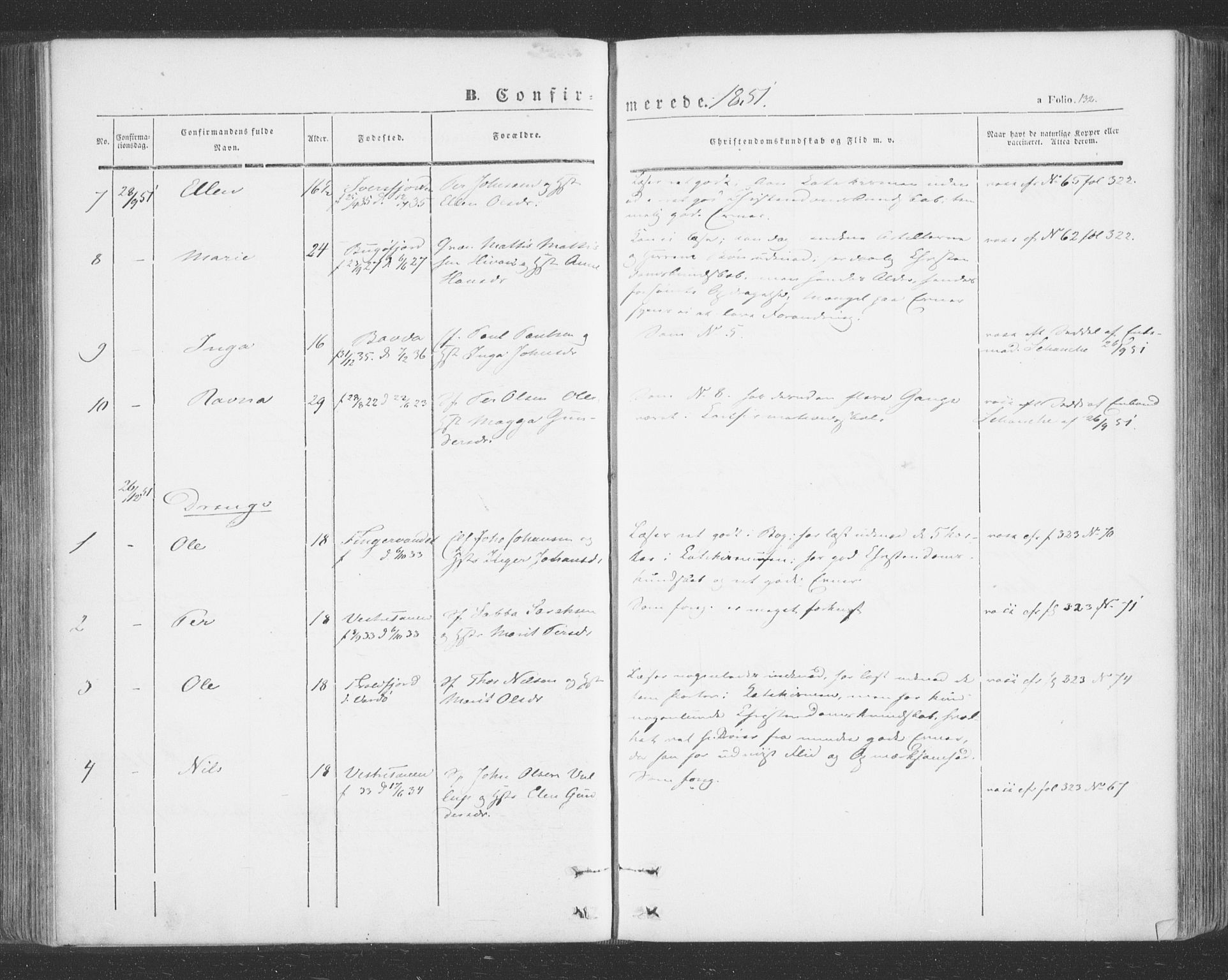 Tana sokneprestkontor, AV/SATØ-S-1334/H/Ha/L0001kirke: Parish register (official) no. 1, 1846-1861, p. 132