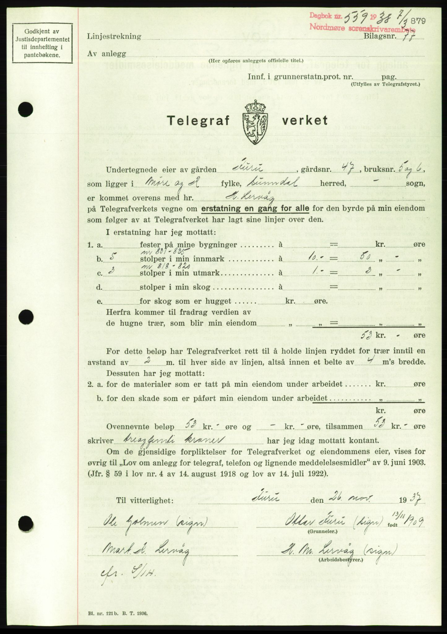 Nordmøre sorenskriveri, AV/SAT-A-4132/1/2/2Ca/L0092: Mortgage book no. B82, 1937-1938, Diary no: : 559/1938