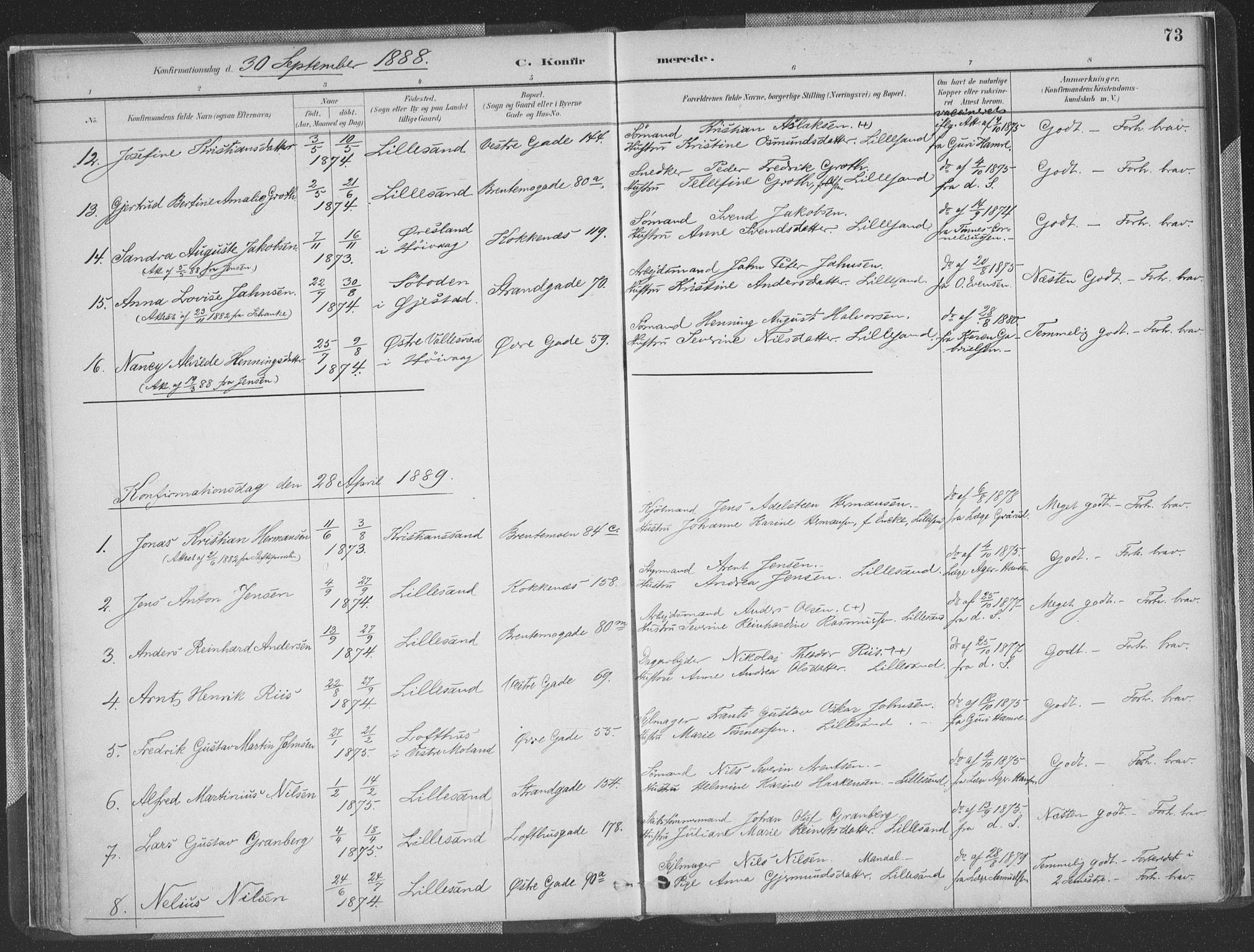 Vestre Moland sokneprestkontor, SAK/1111-0046/F/Fa/Faa/L0001: Parish register (official) no. A 1, 1884-1899, p. 73