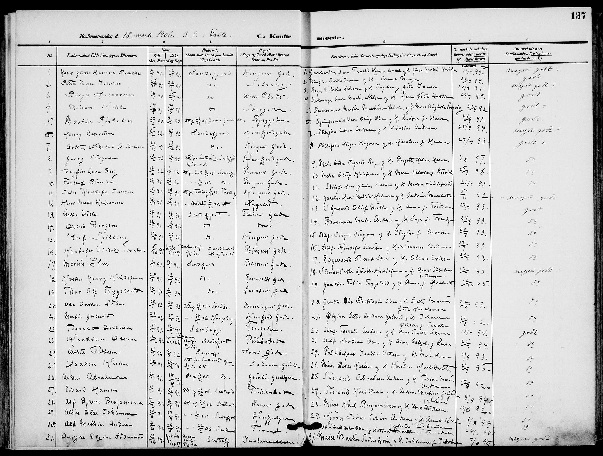 Sandefjord kirkebøker, SAKO/A-315/F/Fa/L0005: Parish register (official) no. 5, 1906-1915, p. 137