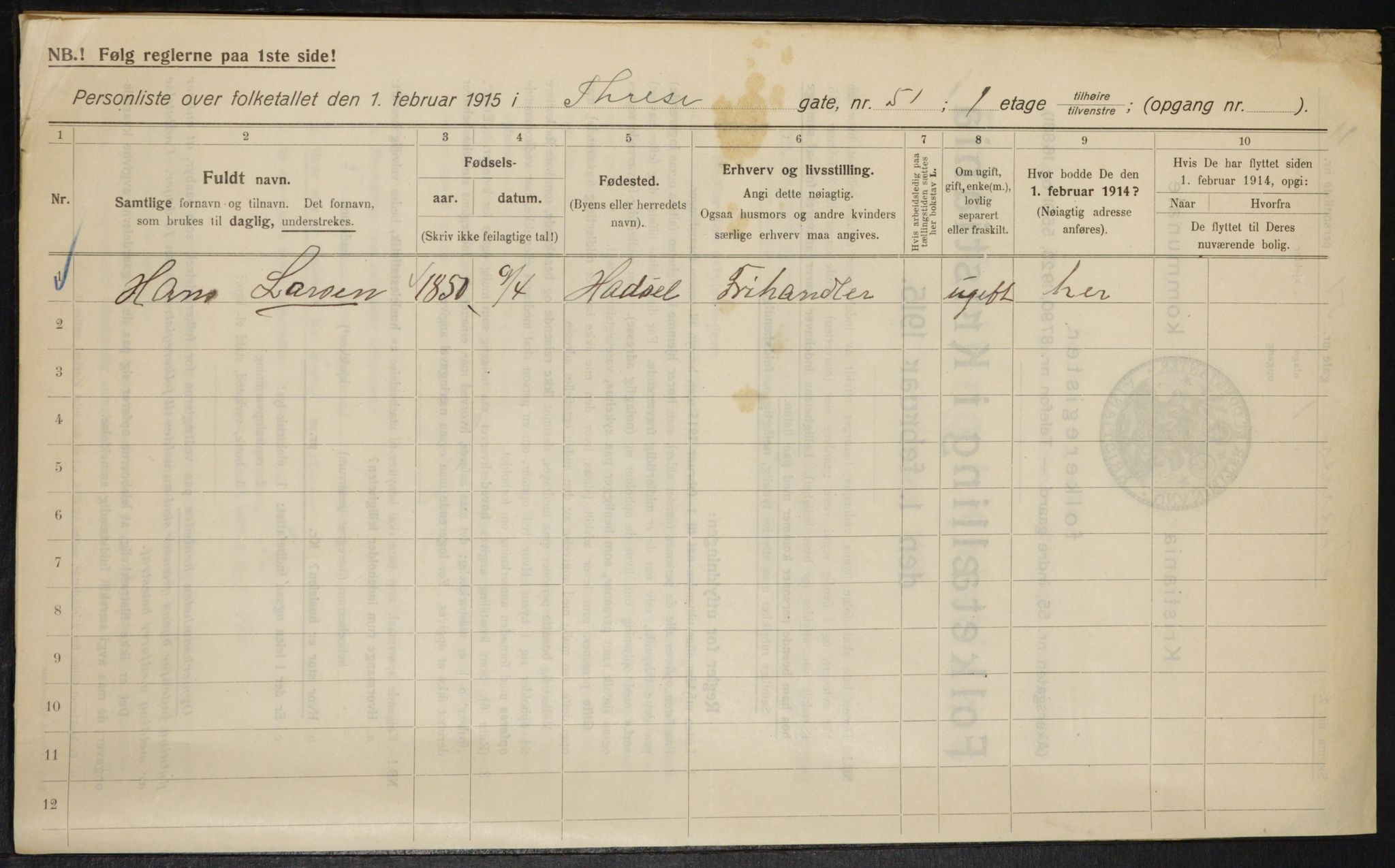 OBA, Municipal Census 1915 for Kristiania, 1915, p. 109037