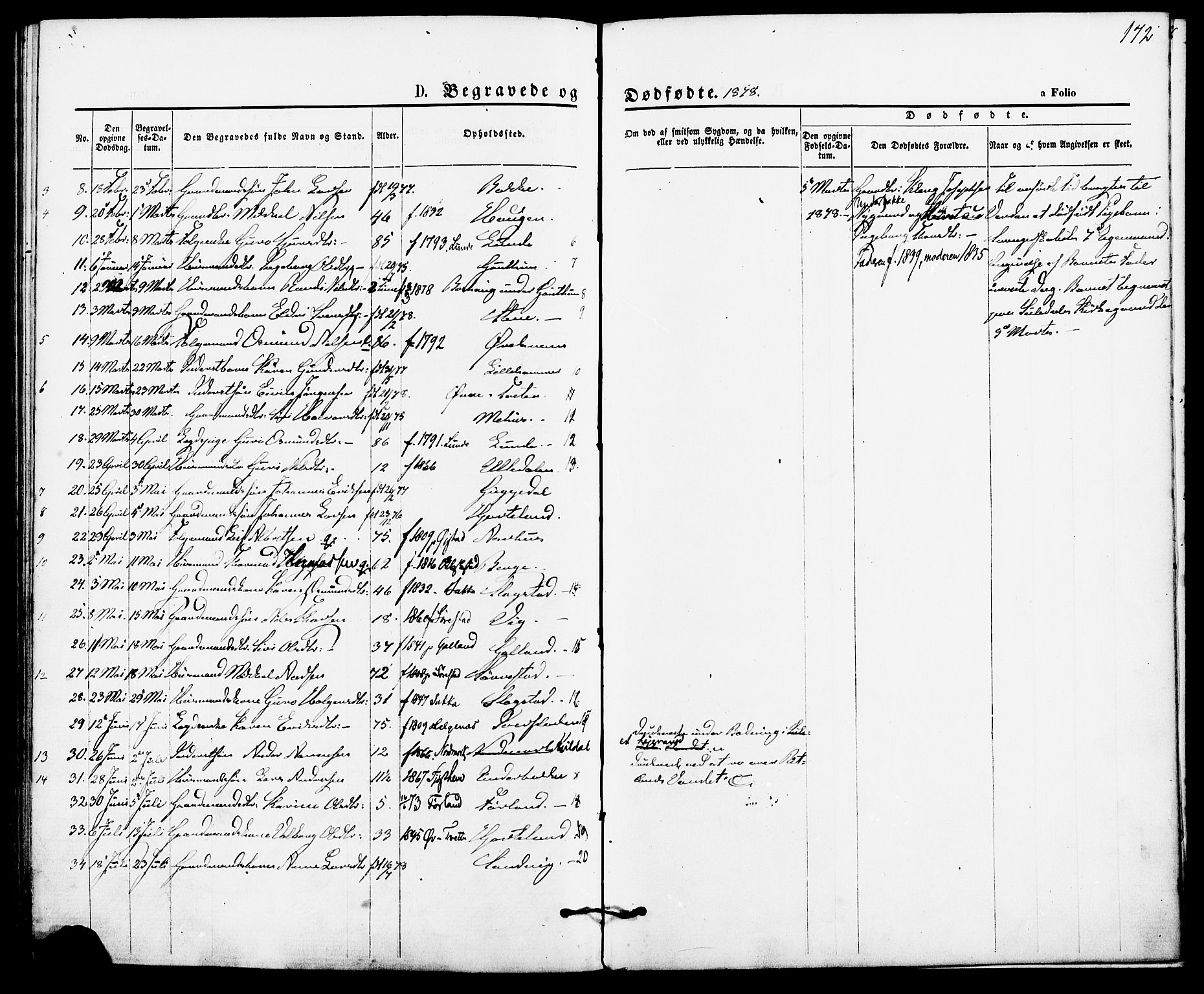 Suldal sokneprestkontor, AV/SAST-A-101845/01/IV/L0010: Parish register (official) no. A 10, 1869-1878, p. 172