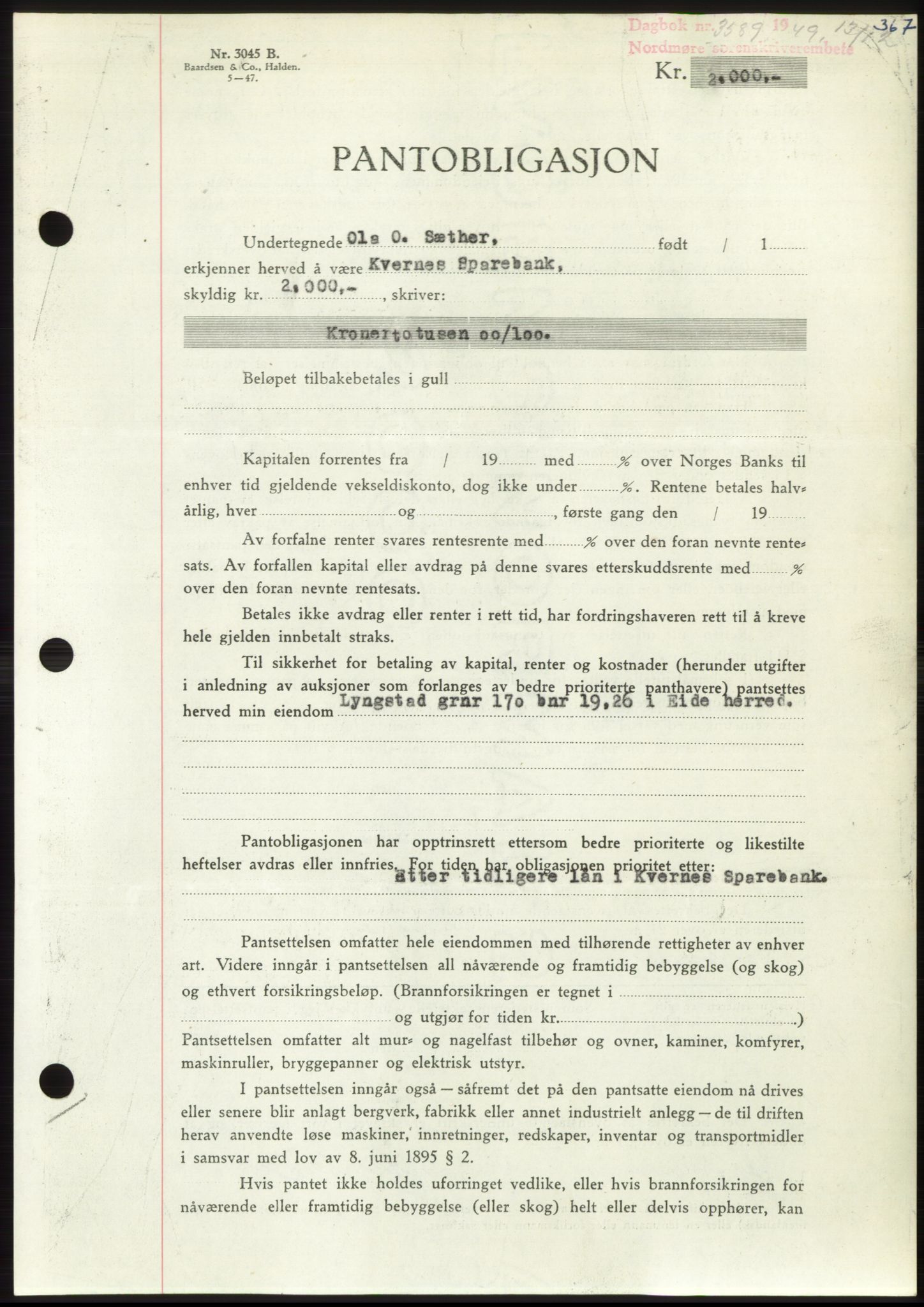 Nordmøre sorenskriveri, AV/SAT-A-4132/1/2/2Ca: Mortgage book no. B103, 1949-1950, Diary no: : 3589/1949