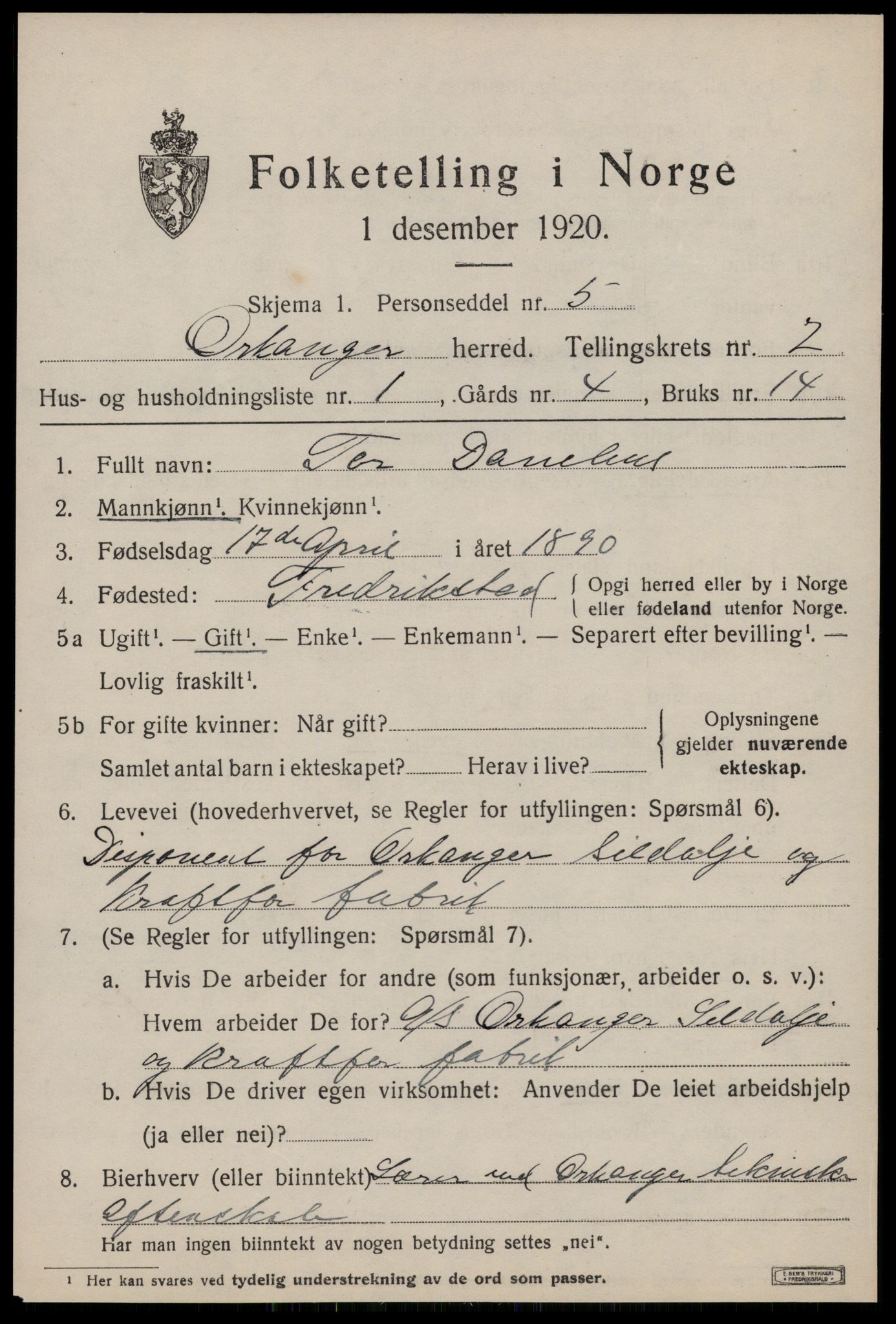 SAT, 1920 census for Orkanger, 1920, p. 3489