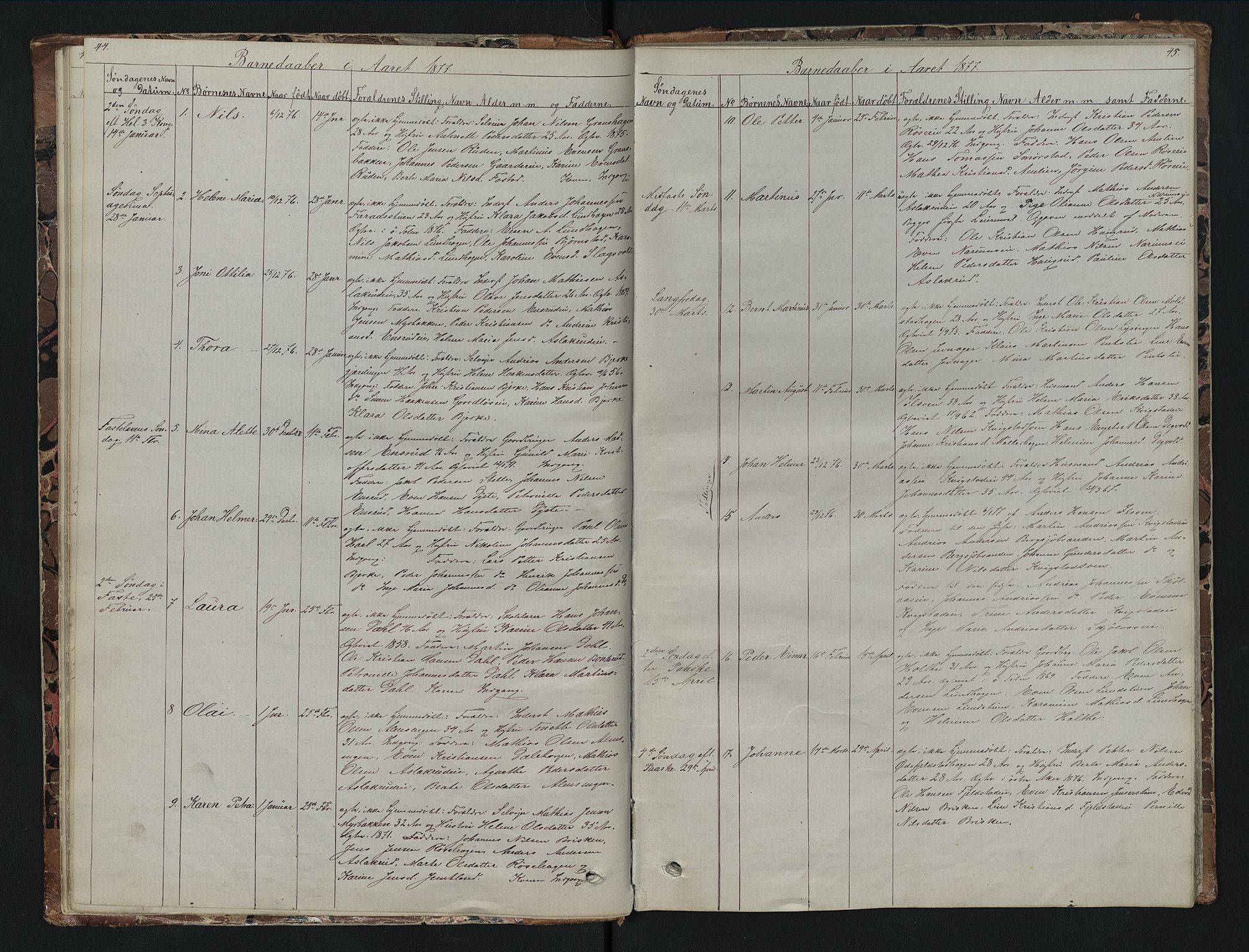 Vestre Toten prestekontor, SAH/PREST-108/H/Ha/Hab/L0007: Parish register (copy) no. 7, 1872-1900, p. 44-45