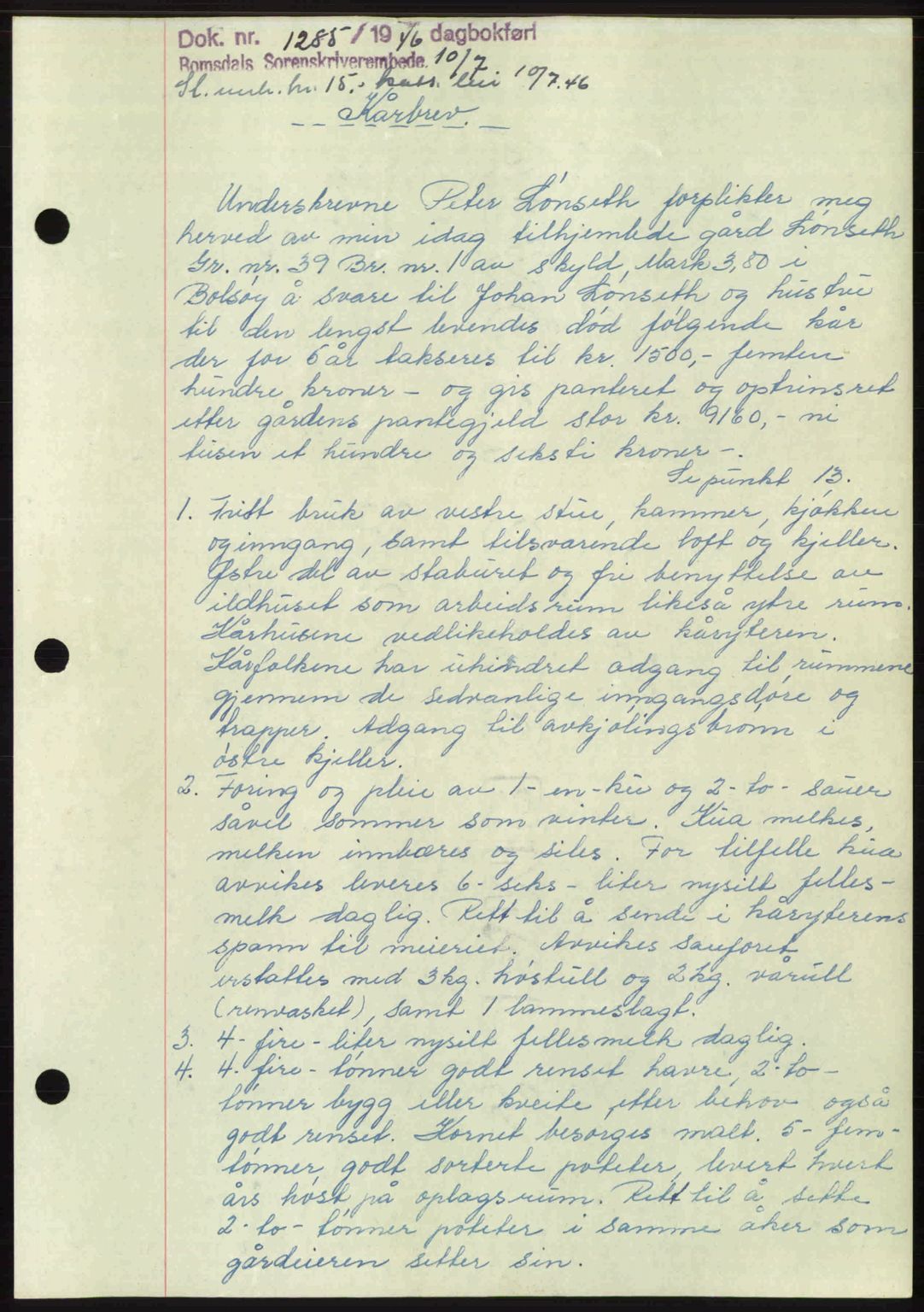 Romsdal sorenskriveri, AV/SAT-A-4149/1/2/2C: Mortgage book no. A20, 1946-1946, Diary no: : 1285/1946