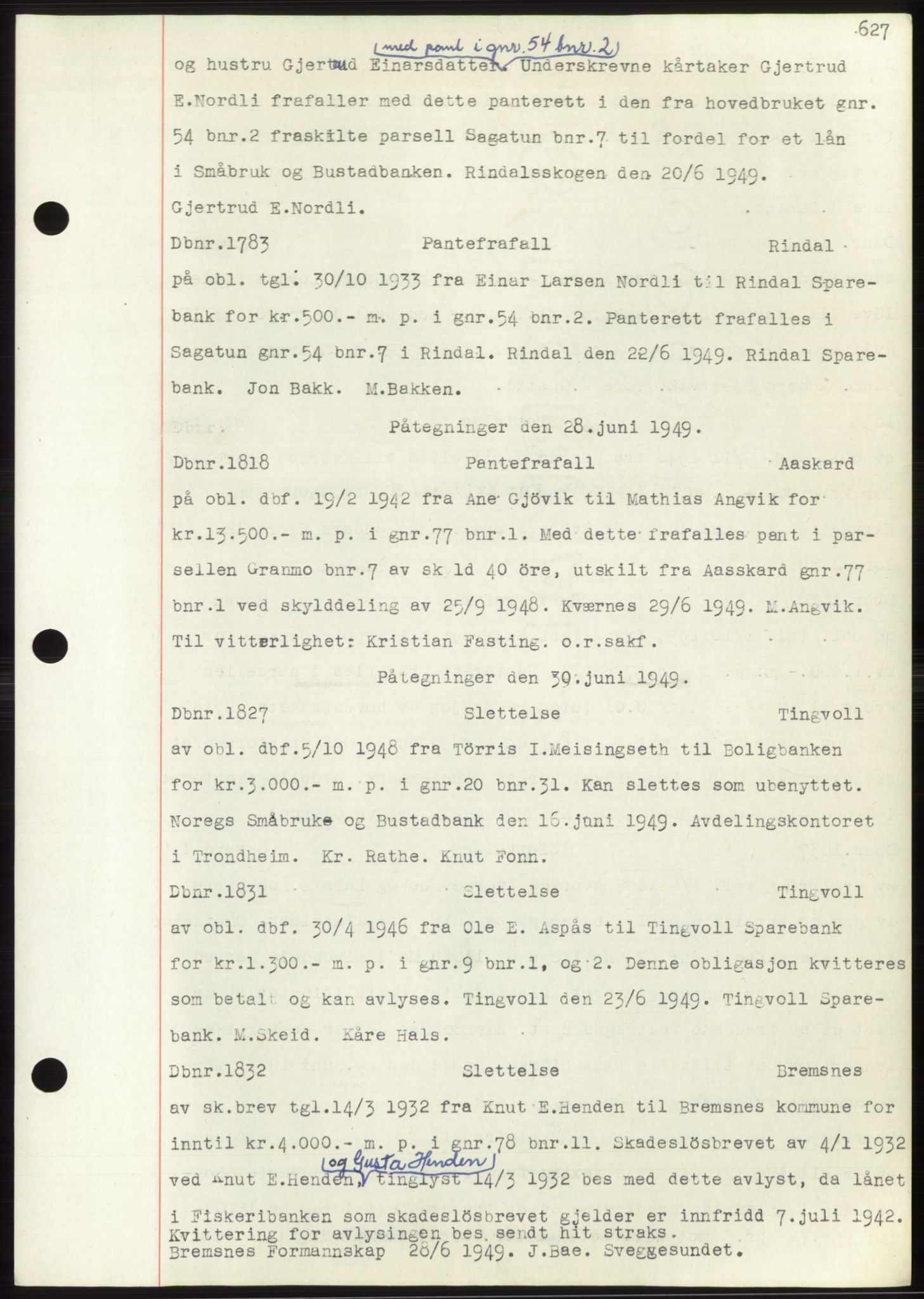 Nordmøre sorenskriveri, SAT/A-4132/1/2/2Ca: Mortgage book no. C82b, 1946-1951, Diary no: : 1783/1949