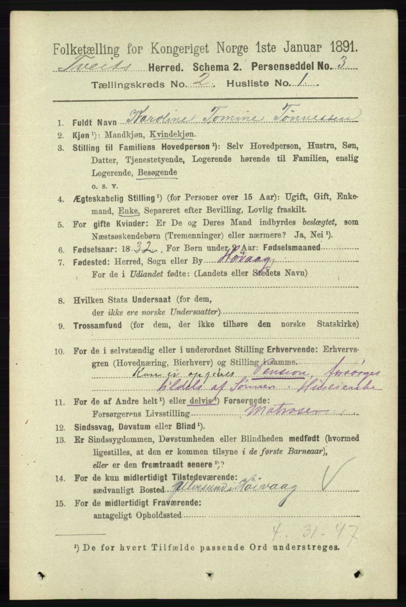 RA, 1891 census for 1013 Tveit, 1891, p. 524