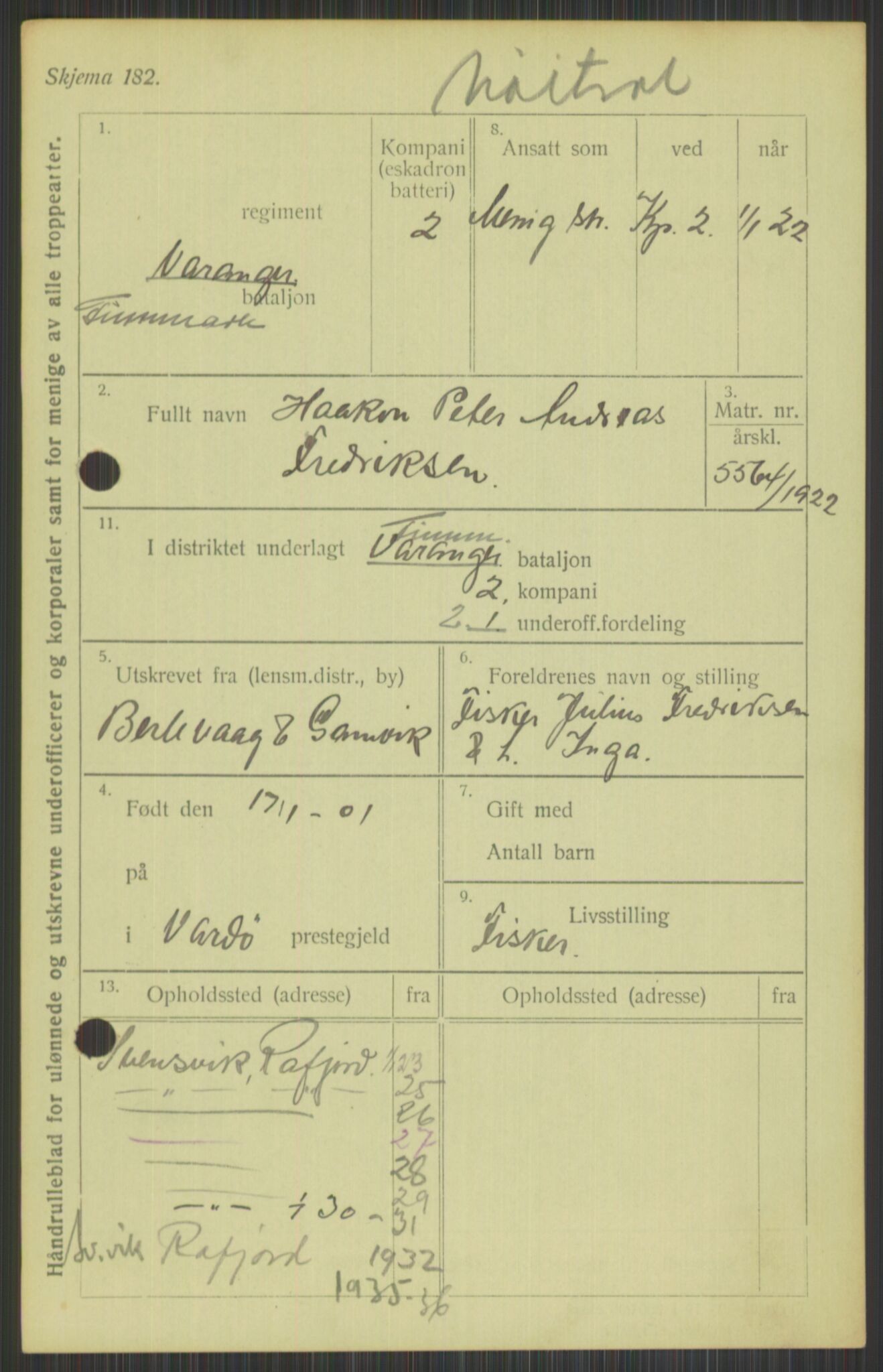 Forsvaret, Varanger bataljon, AV/RA-RAFA-2258/1/D/L0440: Rulleblad for fødte 1892-1912, 1892-1912, p. 589