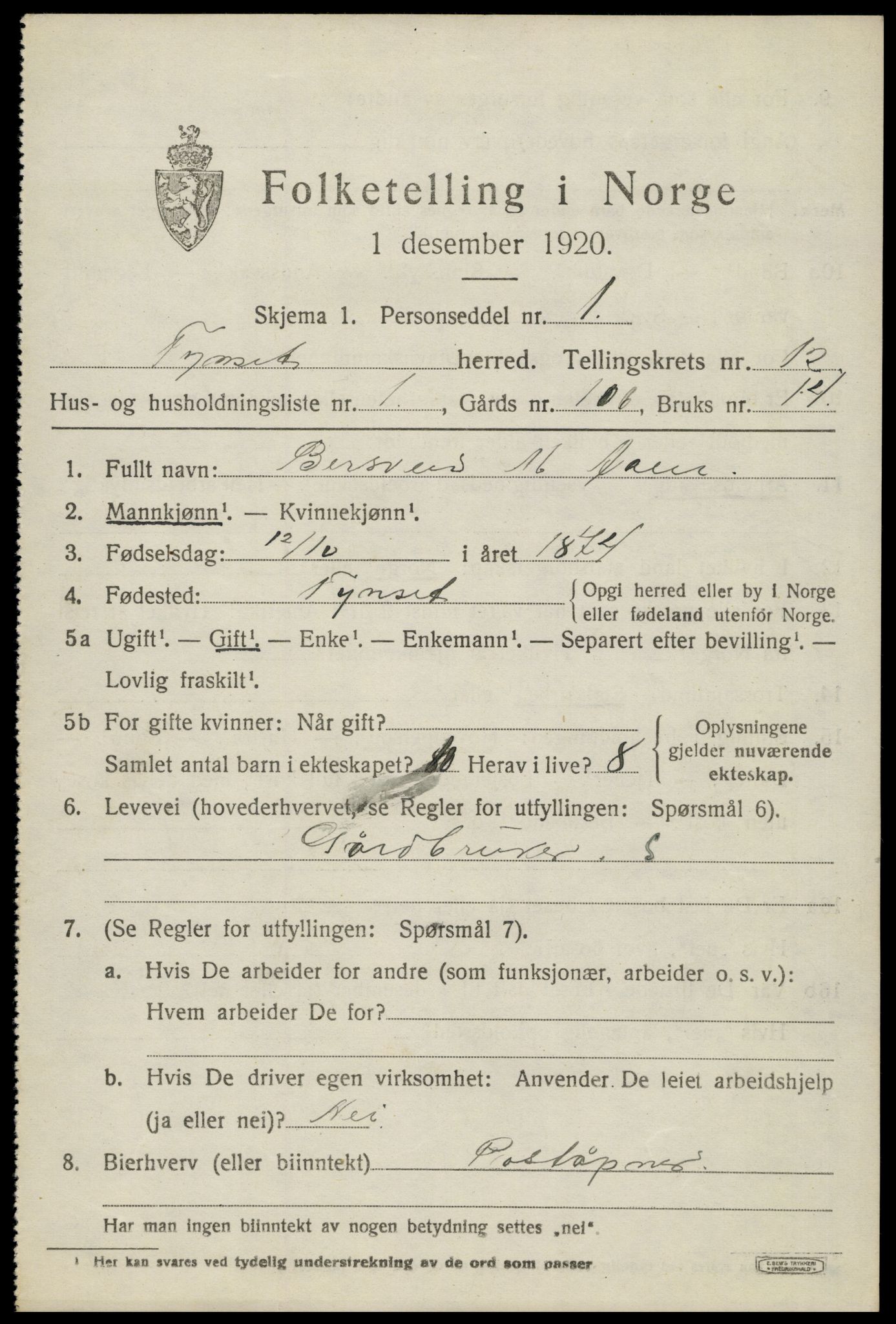 SAH, 1920 census for Tynset, 1920, p. 8304