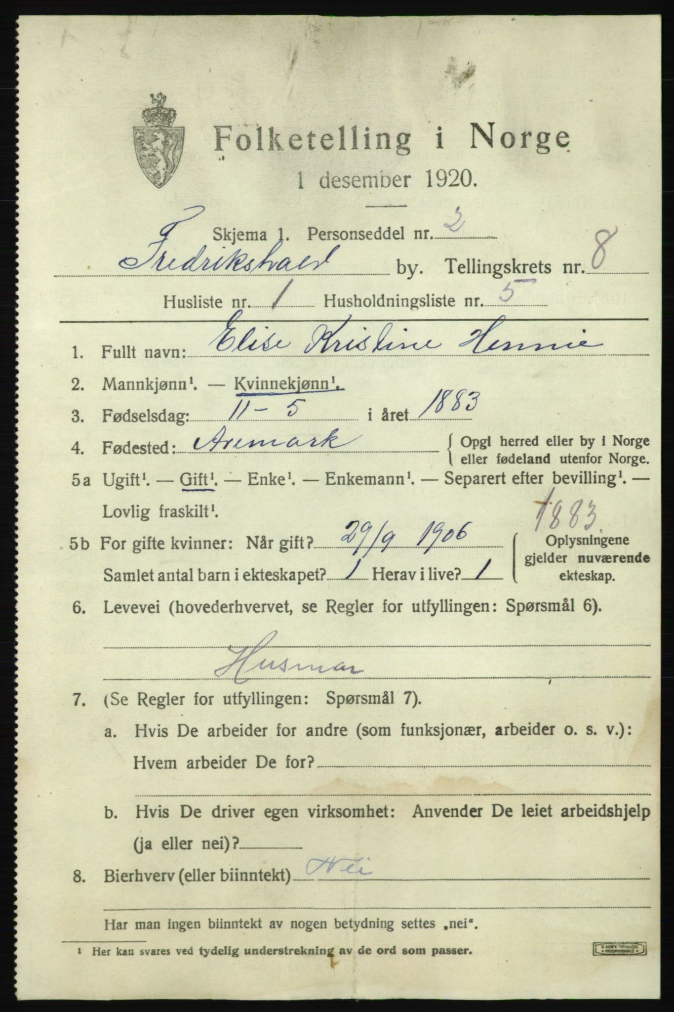 SAO, 1920 census for Fredrikshald, 1920, p. 14631
