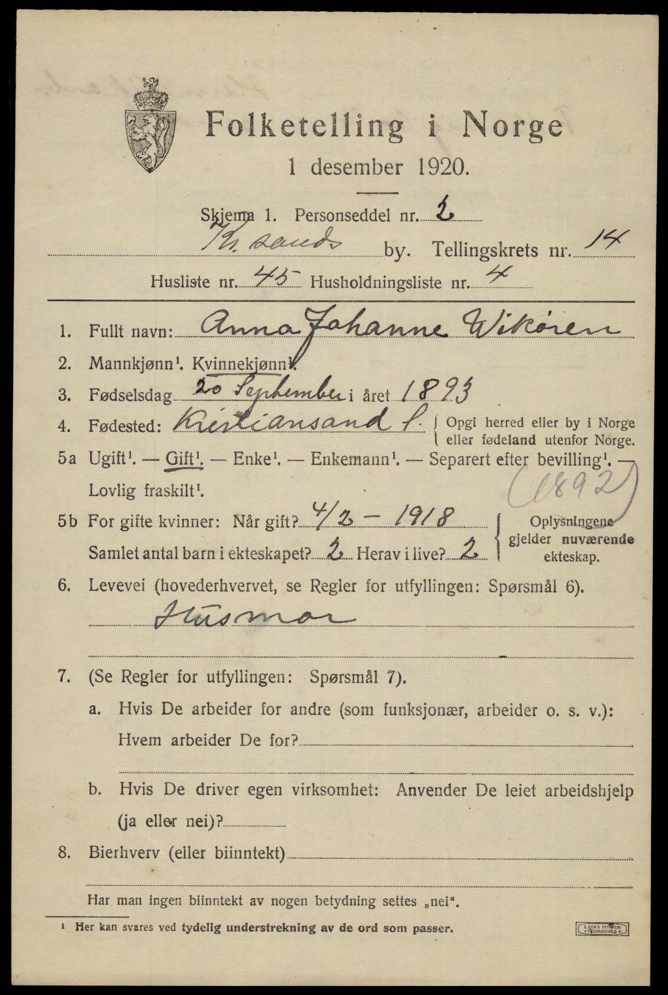SAK, 1920 census for Kristiansand, 1920, p. 29669