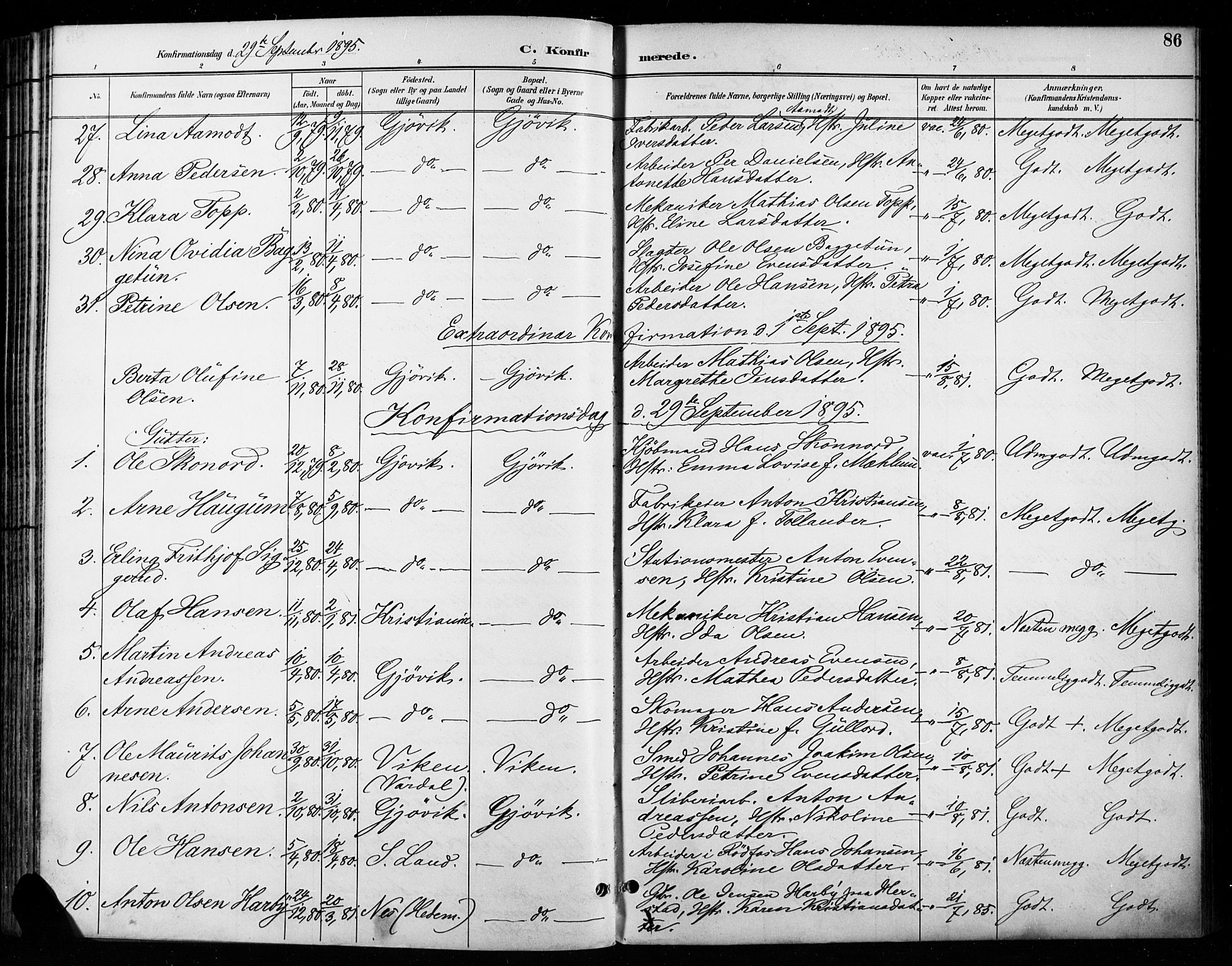 Vardal prestekontor, SAH/PREST-100/H/Ha/Haa/L0011: Parish register (official) no. 11, 1891-1901, p. 86