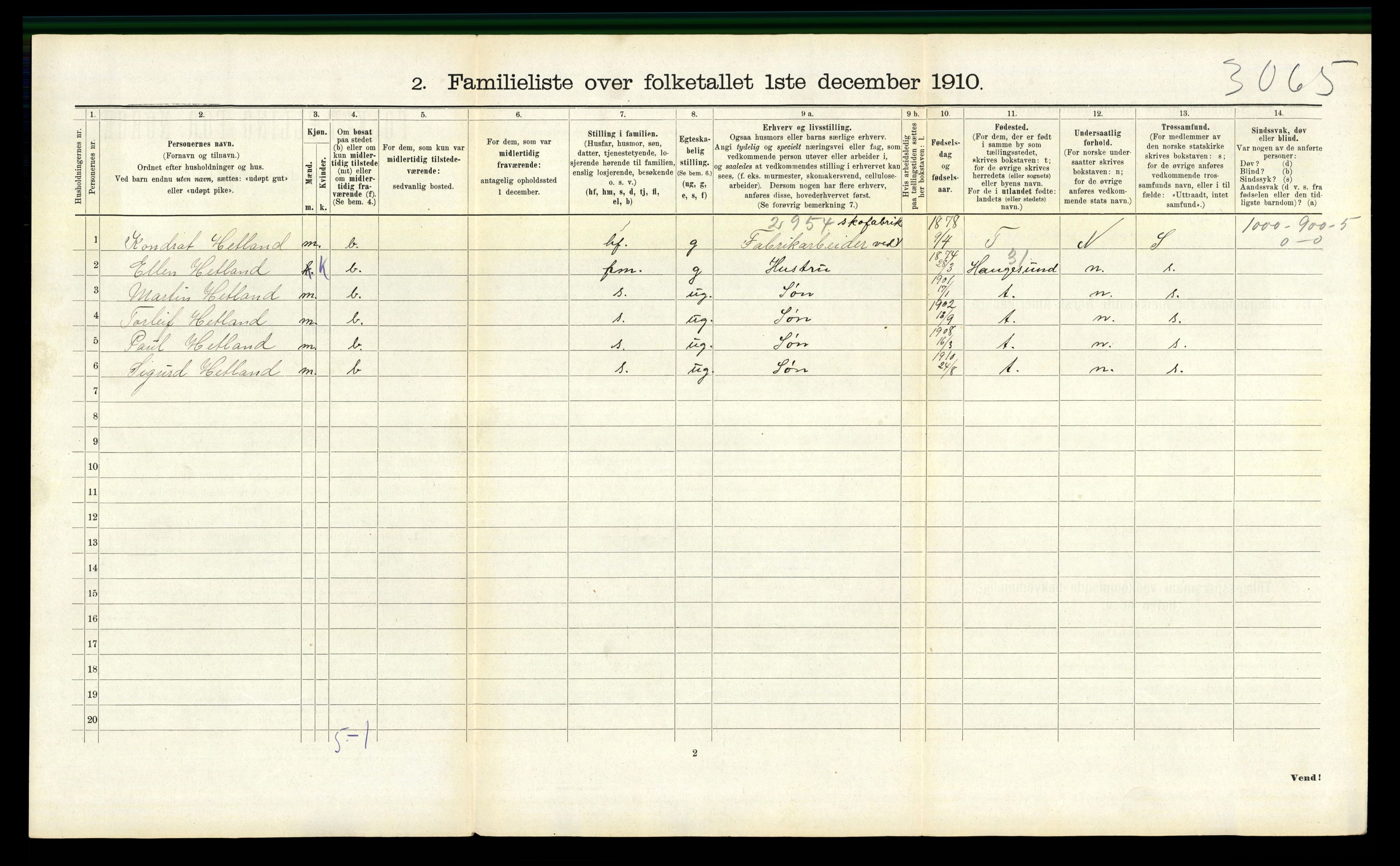 RA, 1910 census for Sandnes, 1910, p. 997