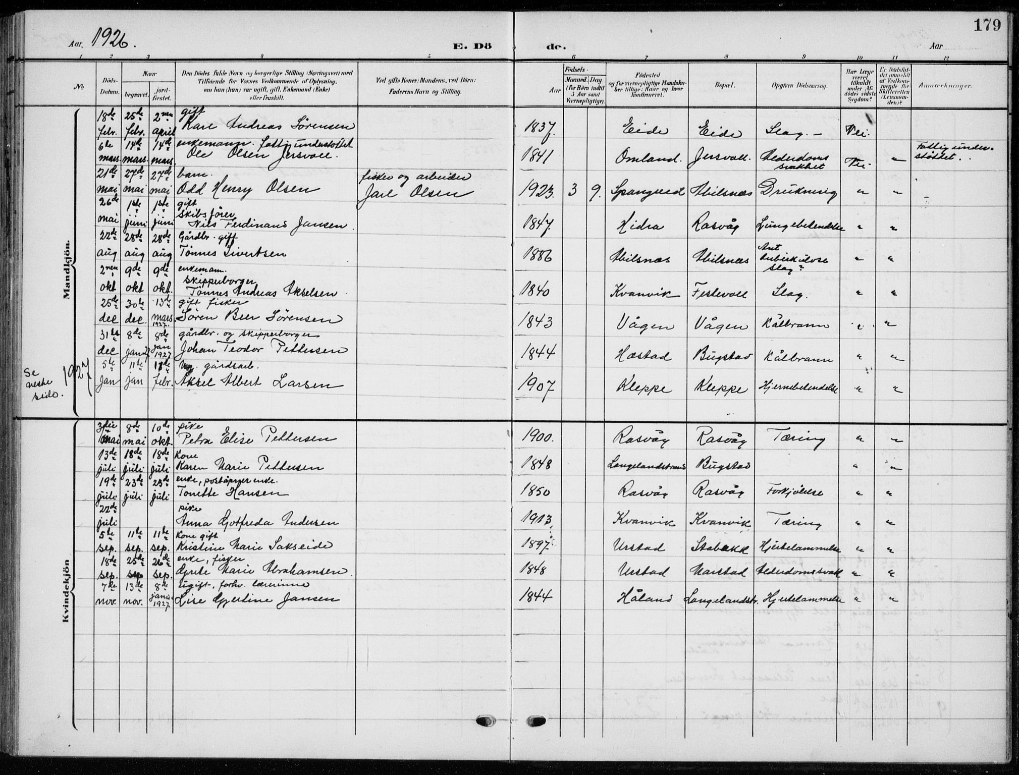 Flekkefjord sokneprestkontor, AV/SAK-1111-0012/F/Fb/Fbb/L0005: Parish register (copy) no. B 5, 1908-1927, p. 179