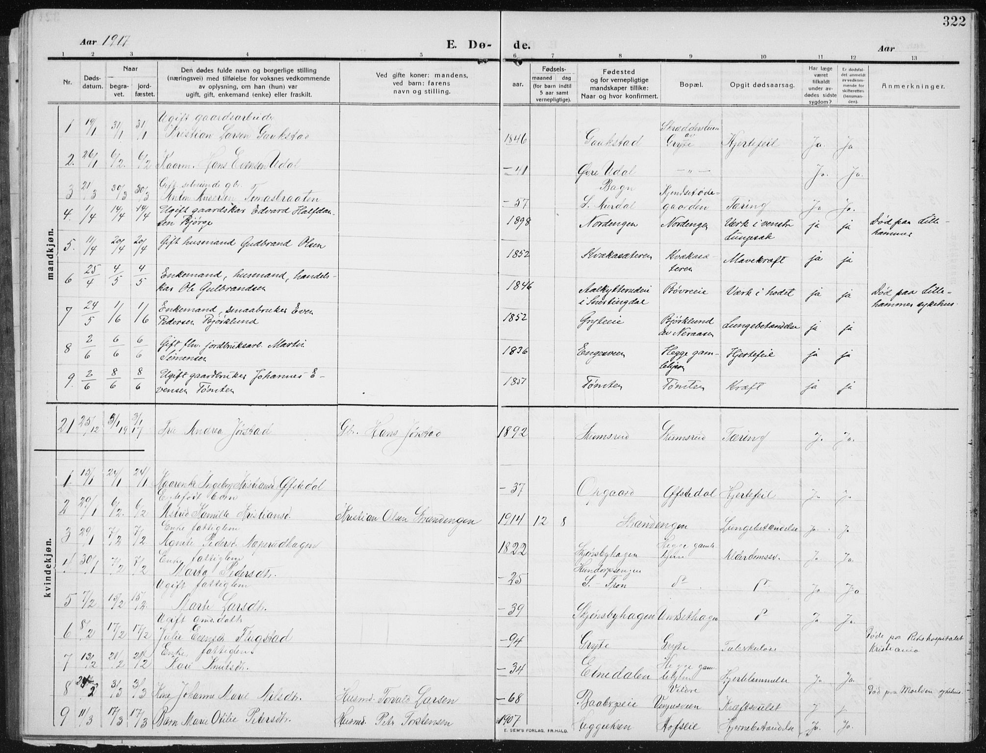 Biri prestekontor, SAH/PREST-096/H/Ha/Hab/L0006: Parish register (copy) no. 6, 1909-1938, p. 322
