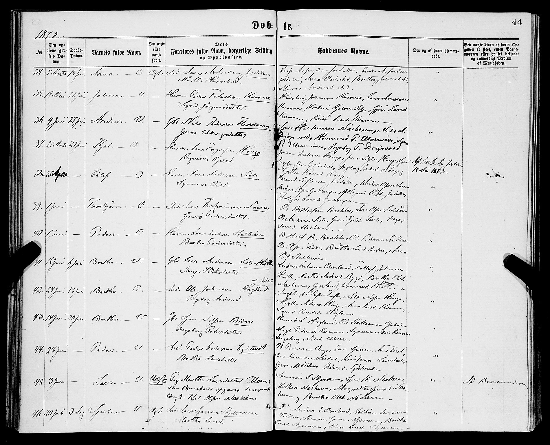 Vossestrand Sokneprestembete, SAB/A-79101/H/Haa: Parish register (official) no. A 1, 1866-1877, p. 44