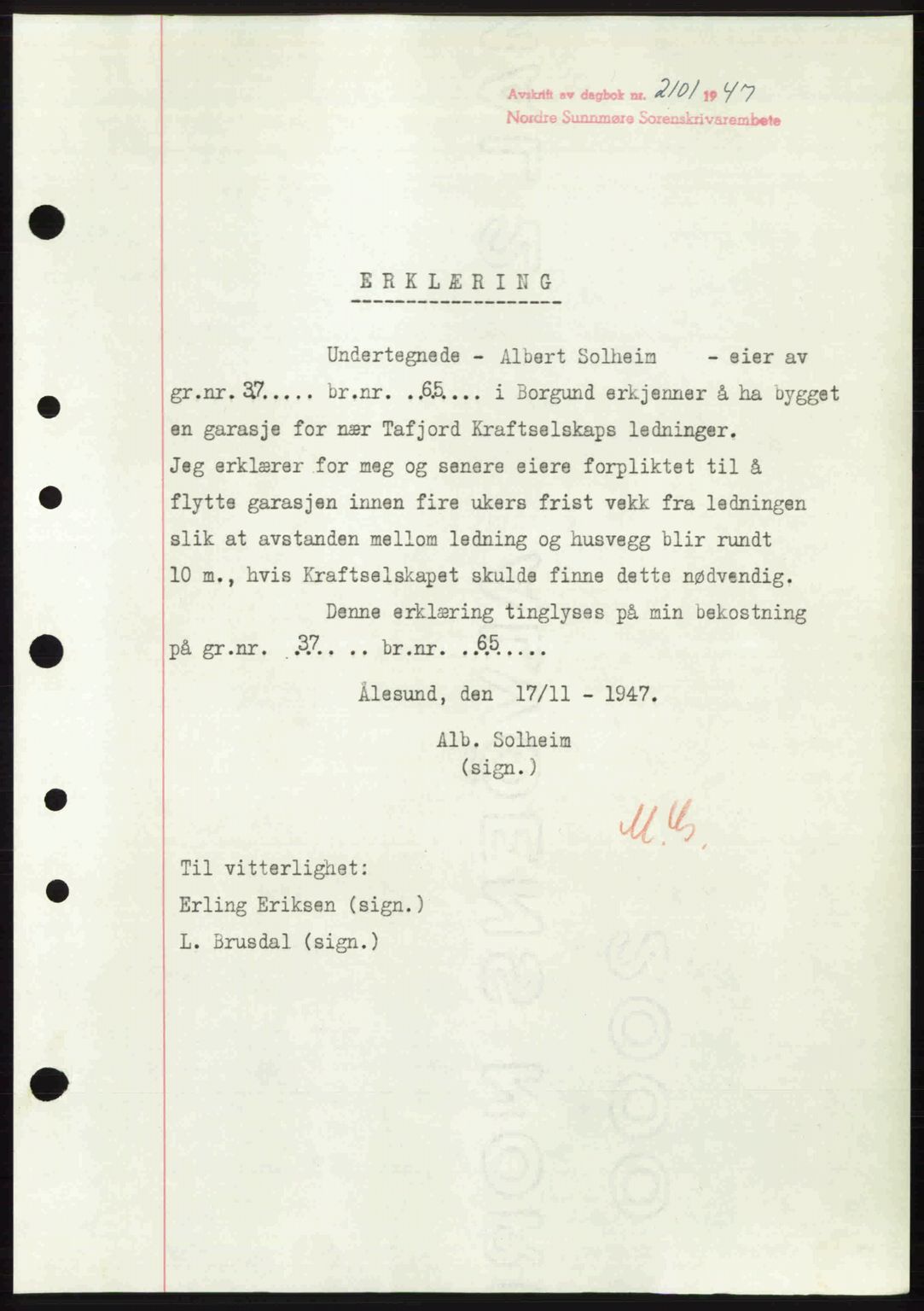 Nordre Sunnmøre sorenskriveri, AV/SAT-A-0006/1/2/2C/2Ca: Mortgage book no. A26, 1947-1948, Diary no: : 2101/1947