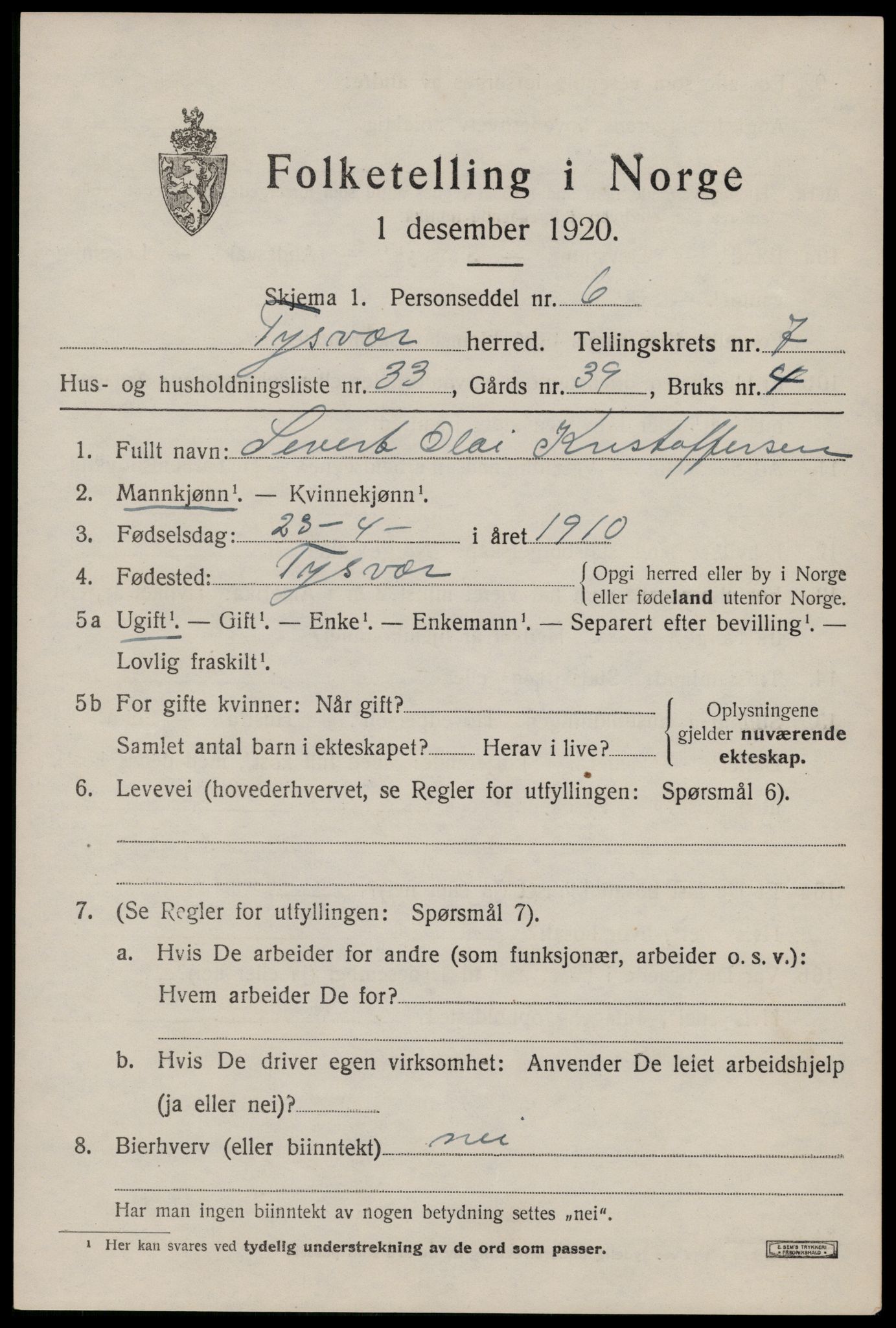 SAST, 1920 census for Tysvær, 1920, p. 2750