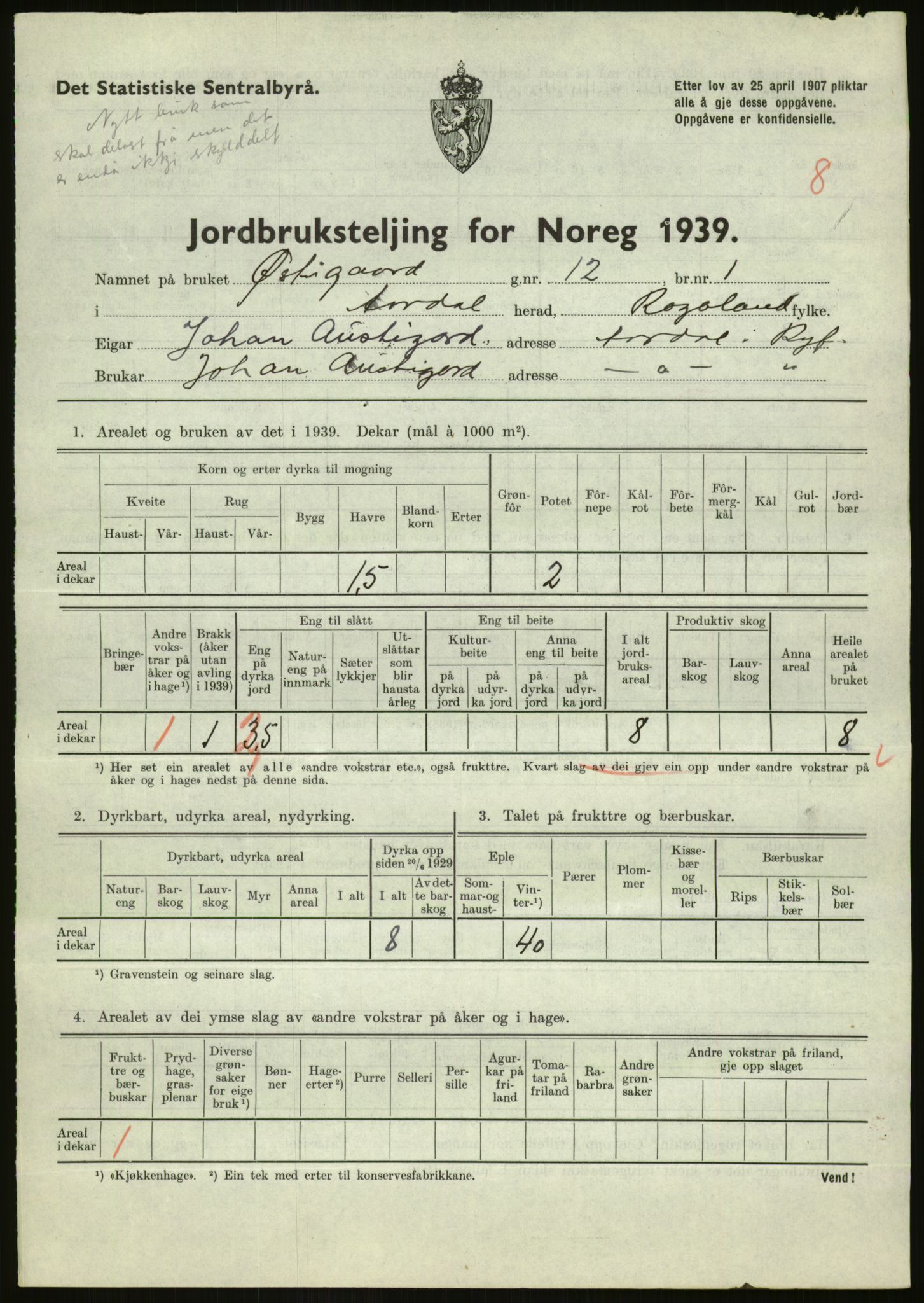 Statistisk sentralbyrå, Næringsøkonomiske emner, Jordbruk, skogbruk, jakt, fiske og fangst, AV/RA-S-2234/G/Gb/L0184: Rogaland: Årdal, Fister og Hjelmeland, 1939, p. 477