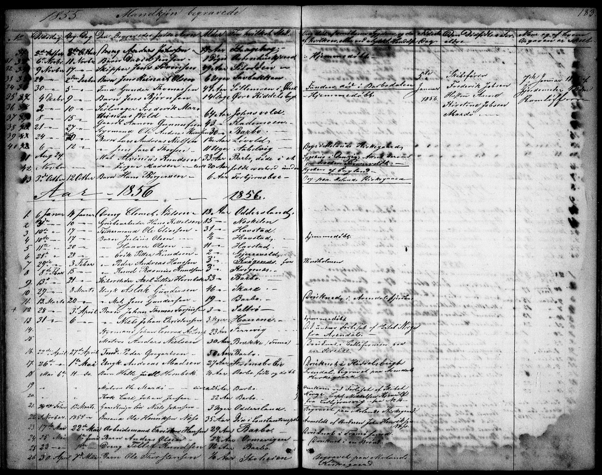 Tromøy sokneprestkontor, AV/SAK-1111-0041/F/Fb/L0002: Parish register (copy) no. B 2, 1851-1858, p. 183