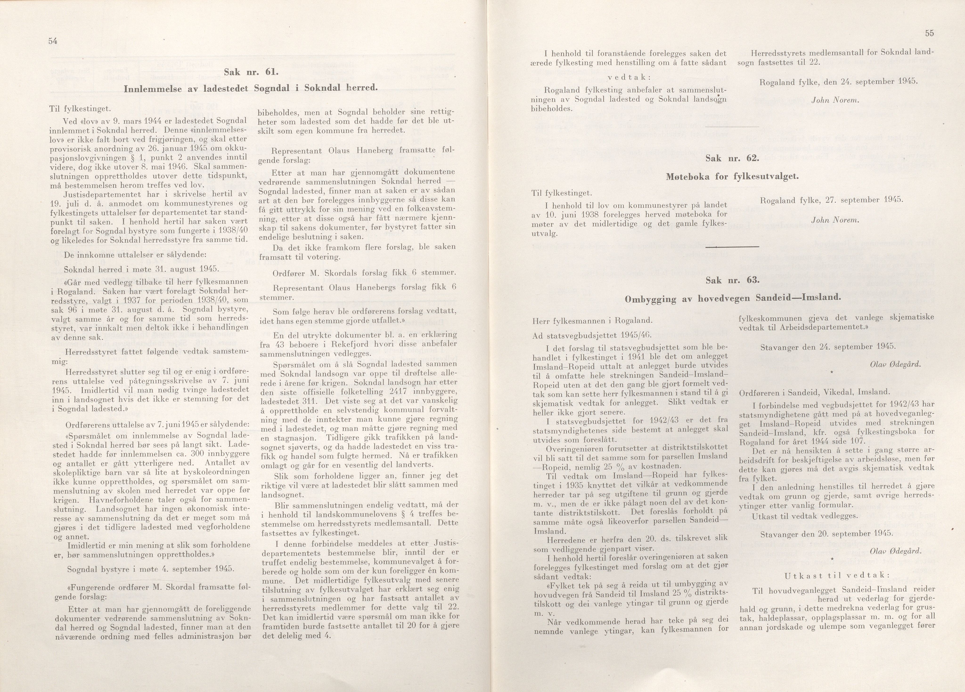 Rogaland fylkeskommune - Fylkesrådmannen , IKAR/A-900/A/Aa/Aaa/L0064: Møtebok , 1945, p. 54-55